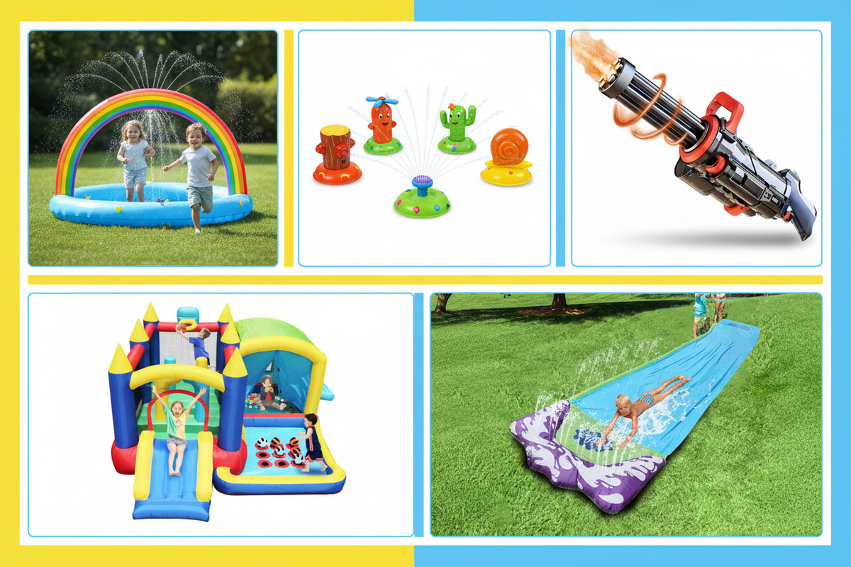 Kids outdoor water toy collage featuring a 7-in-1 bounce house, Gatling water gun, cartoon splash sprinkler, slip and slide, and rainbow sprinkler
