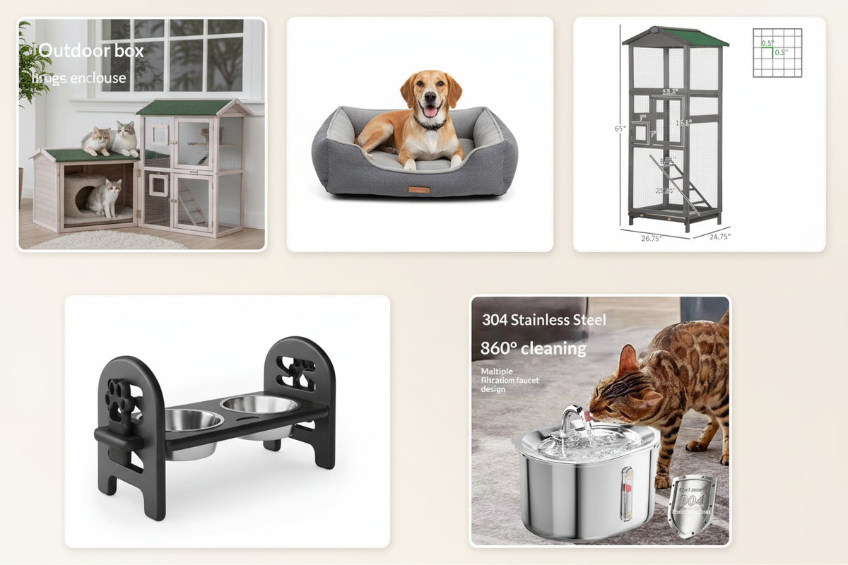 Pet product collage featuring a catio, luxury dog bed, bird cage aviary, elevated pet bowl stand, and pet water fountain
