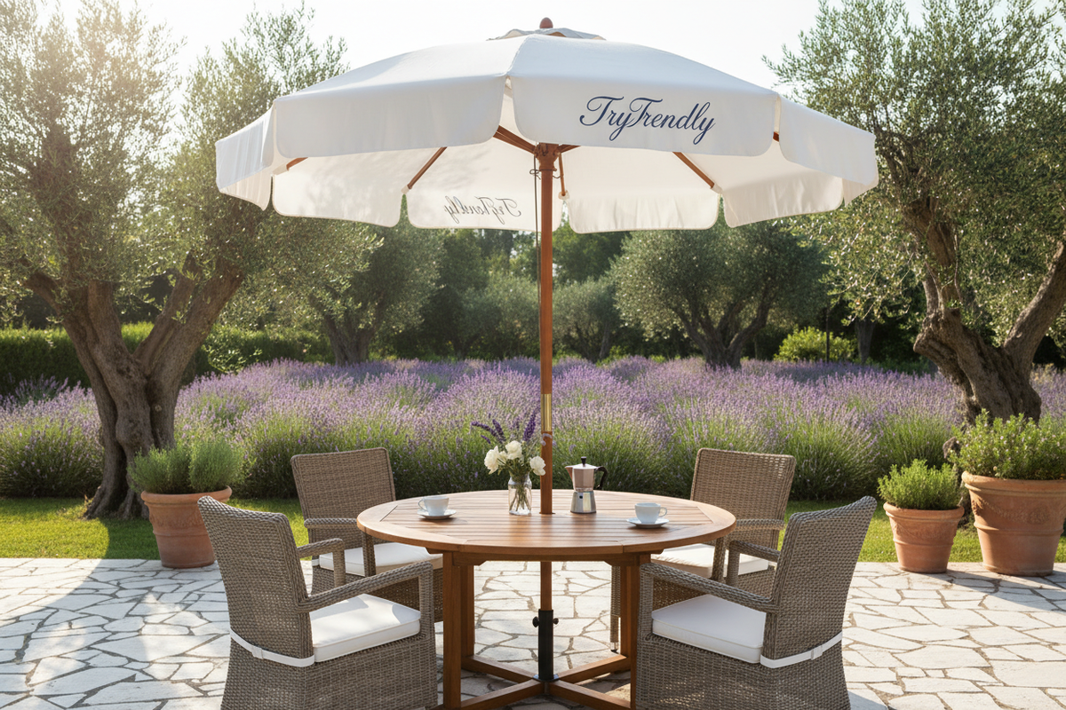 TryTrendly branded patio umbrella with wicker dining set surrounded by lavender fields and olive trees