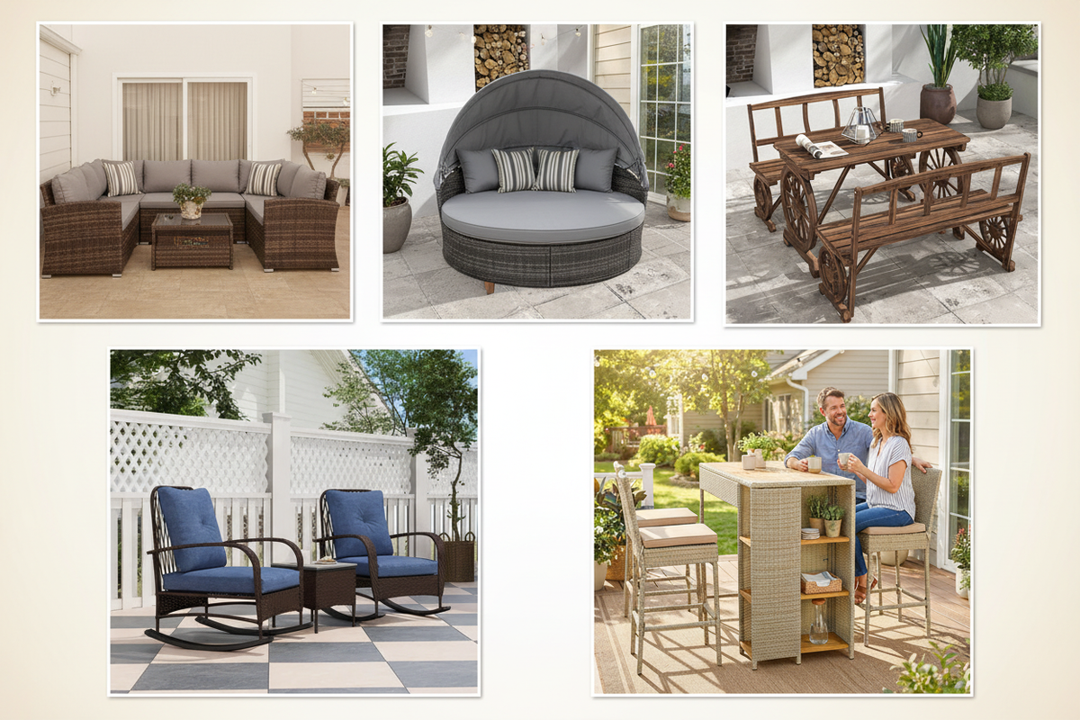 Patio furniture collage featuring a 7-piece rattan sectional, round outdoor daybed with canopy, wagon wheel dining set, rattan chaise lounge, and wicker bar set