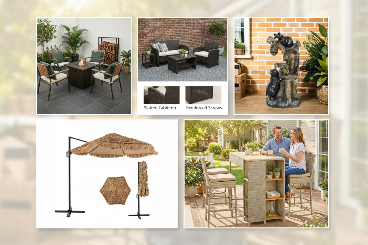 Backyard upgrade product collage featuring a smokeless fire pit, rattan lounge set, garden fountain, tropical patio umbrella, and wicker outdoor bar set