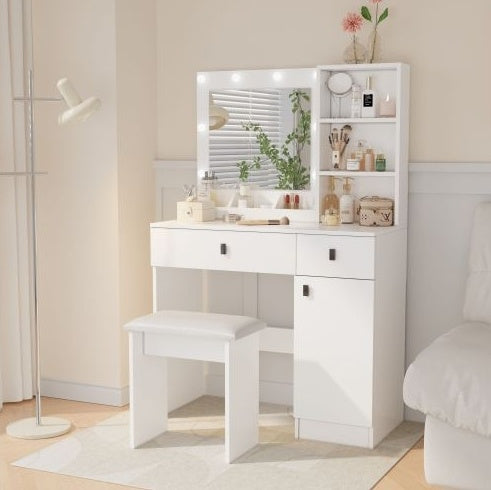 Vanity Desk With Lights, Vanity Set With Mirror, Makeup Vanity Desk With Large Drawers  Three Level Storage Dreeser, VanitysVanities With 3 Lights Brightness Adjustable For Bedroom, White cjdropshipping