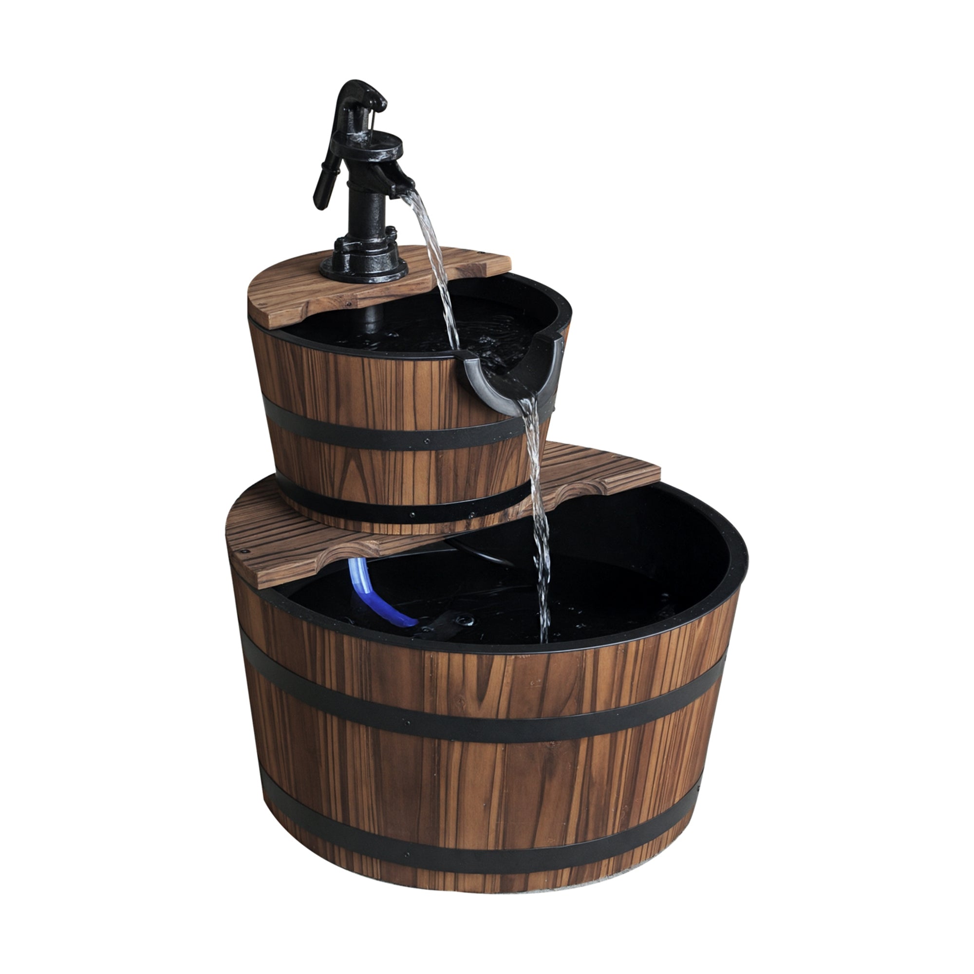 Wood Freestanding Fountain with 2 Tier Waterfall Barrel, Electric Pump for Garden Decor, Lawn, Backyard TryTrendly