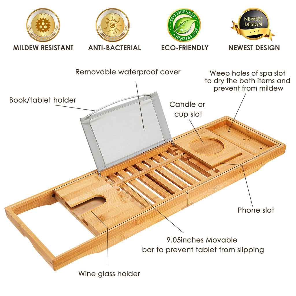 1Pc Bathtub Caddy Tray Crafted Bamboo Bath Tray Table Extendable Reading Rack Tablet Phone Holder Wine Glass Holder Shelf Desk Bathroom Spa TryTrendly