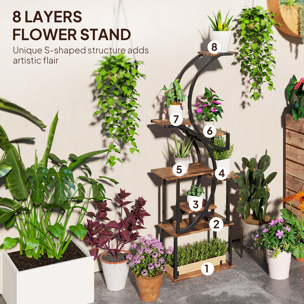 Plant Stand Indoor, 8 Tier 62" S-Shaped Plant Shelf, Corner Plant Rack for Multiple Plants, Carbonised Finish TryTrendly