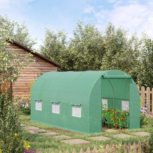 Outsunny 15X 6 X 7 Walk-in Tunnel Greenhouse Garden Plant Growing House With Door And Ventilation Window, Green TryTrendly