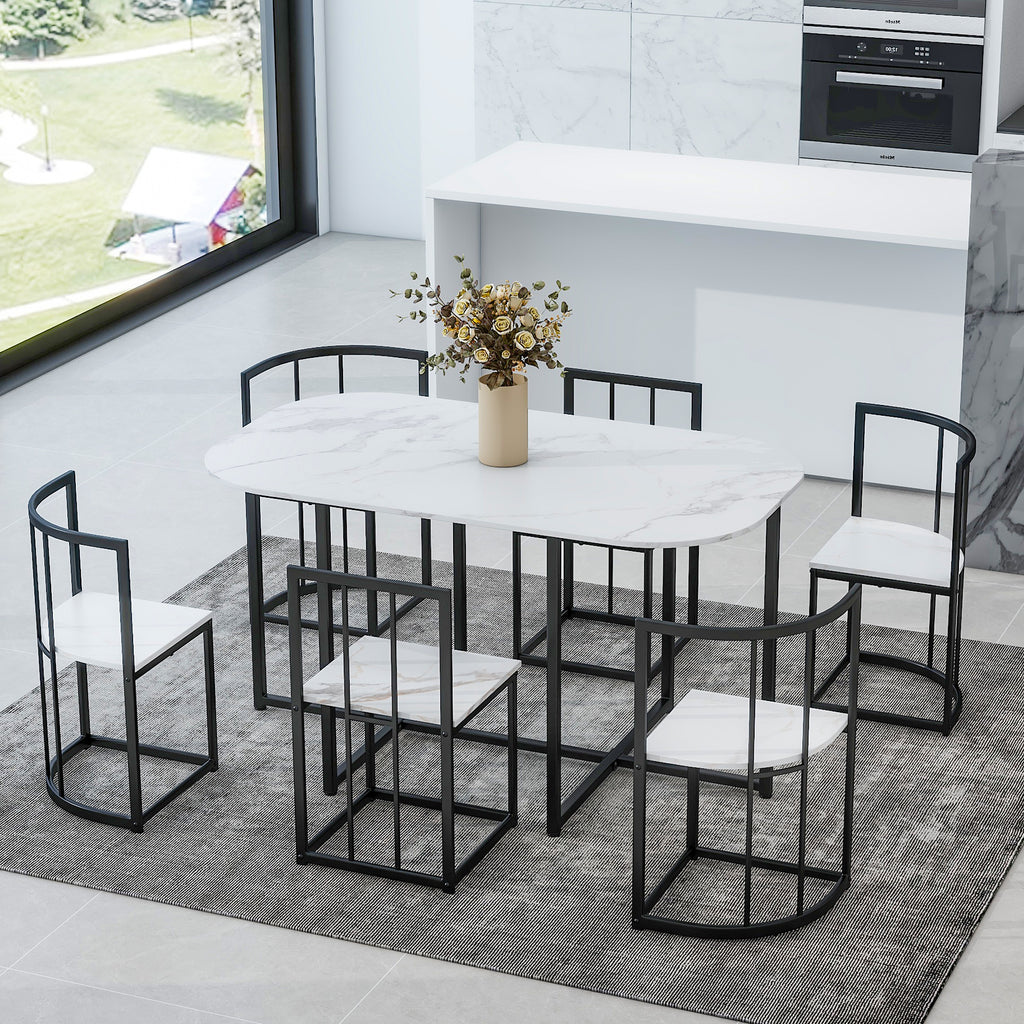TOPMAx Modern 7- Piece Dining Table Set With Faux Marble Compact 55Inch Kitchen Table Set For 6  Black White Topmax