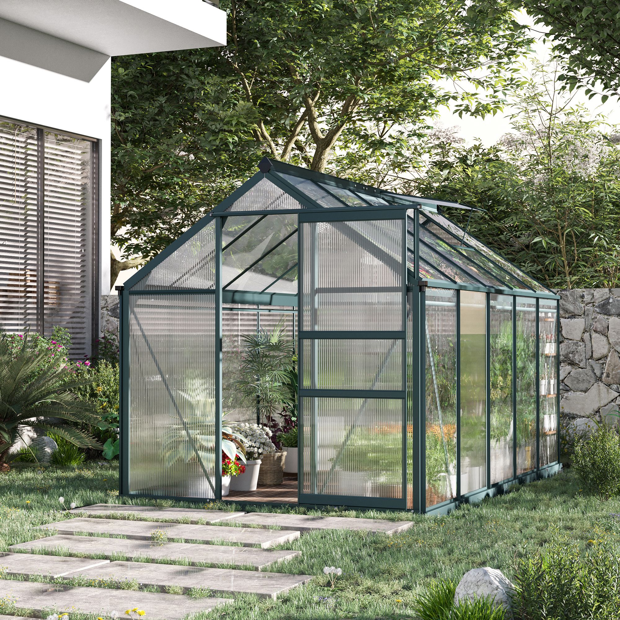 6' x 10' Greenhouse for Outdoors, Polycarbonate Greenhouse with Rain Gutter and Roof Vent, Aluminum Walk-in Green Houses for Outside for Patio Backyard Garden, Dark Green TryTrendly