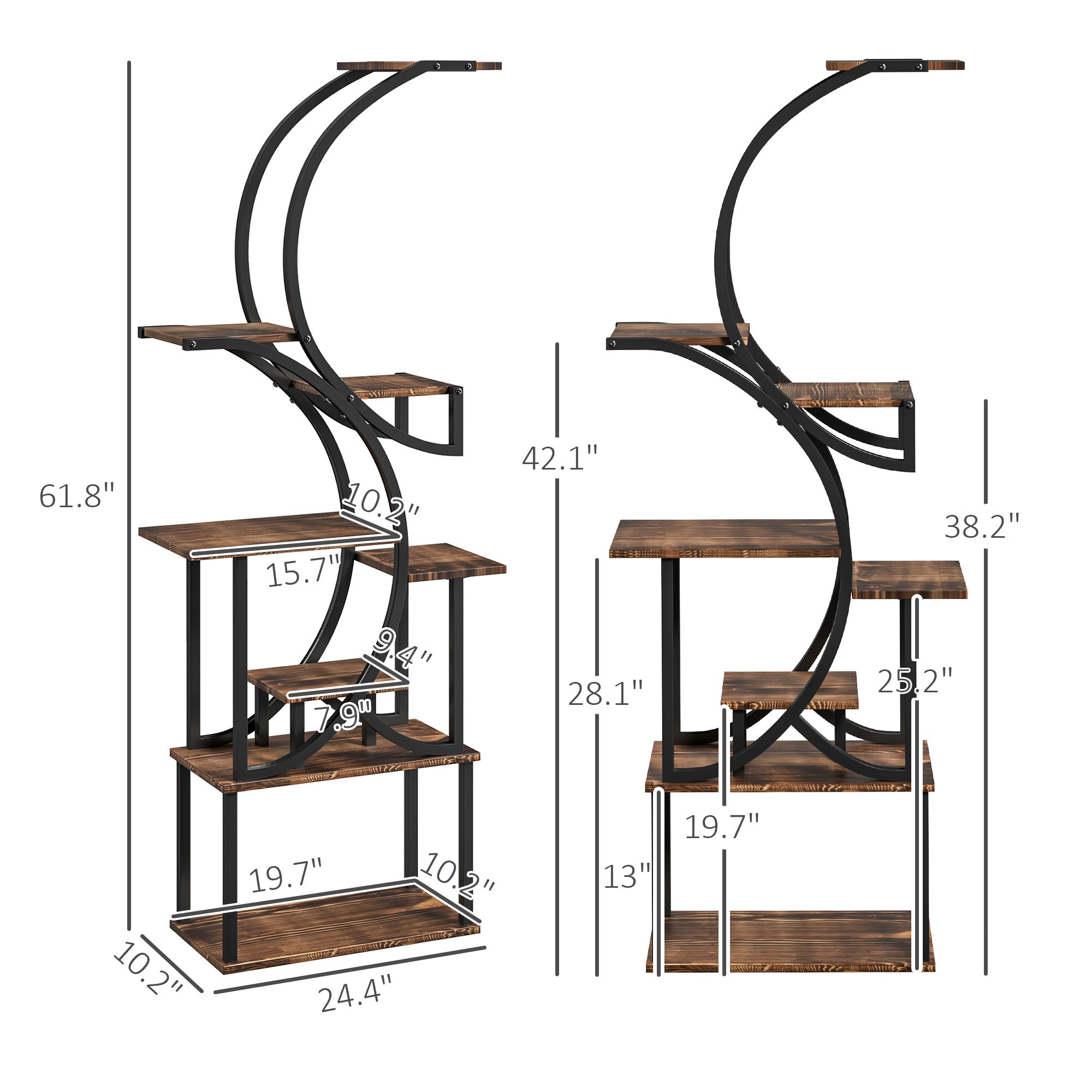 Plant Stand Indoor, 8 Tier 62" S-Shaped Plant Shelf, Corner Plant Rack for Multiple Plants, Carbonised Finish TryTrendly