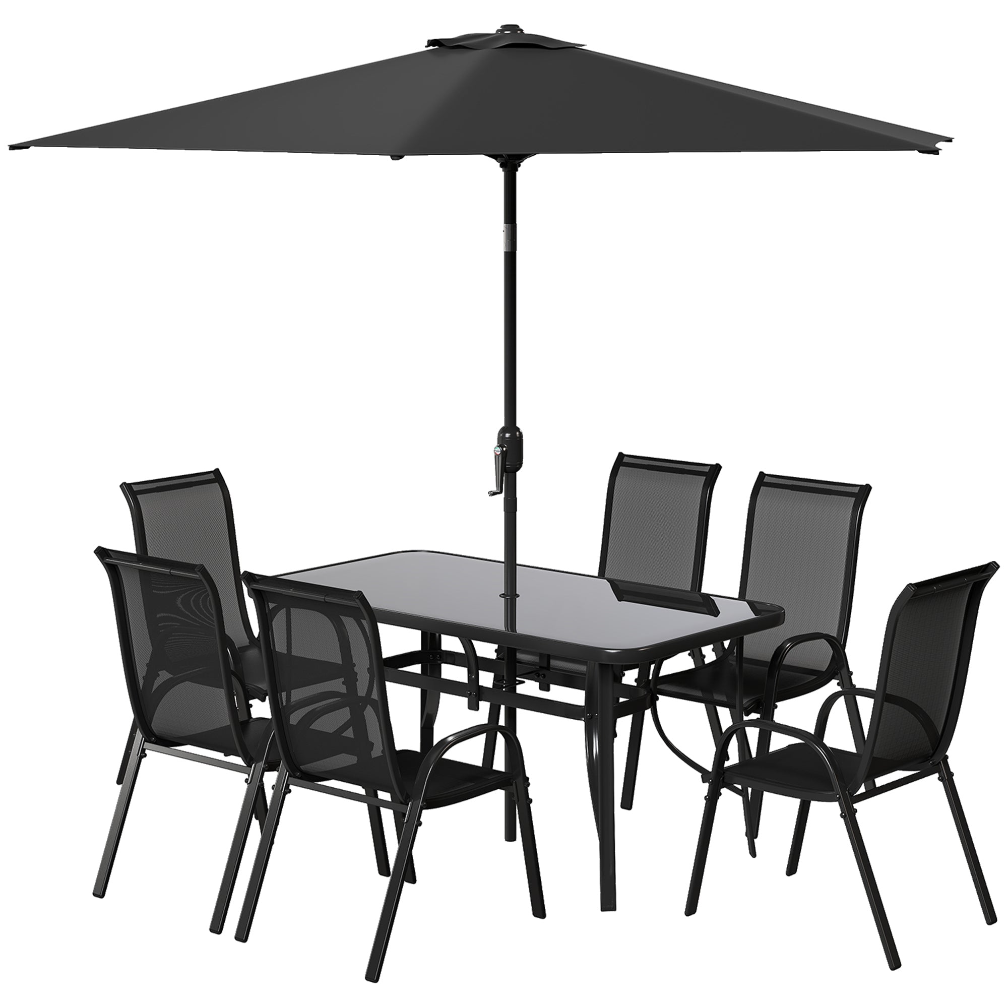 8 Pieces Patio Furniture Set with 9Ft Patio Umbrella, Outdoor Dining Table and Chairs, Black TryTrendly
