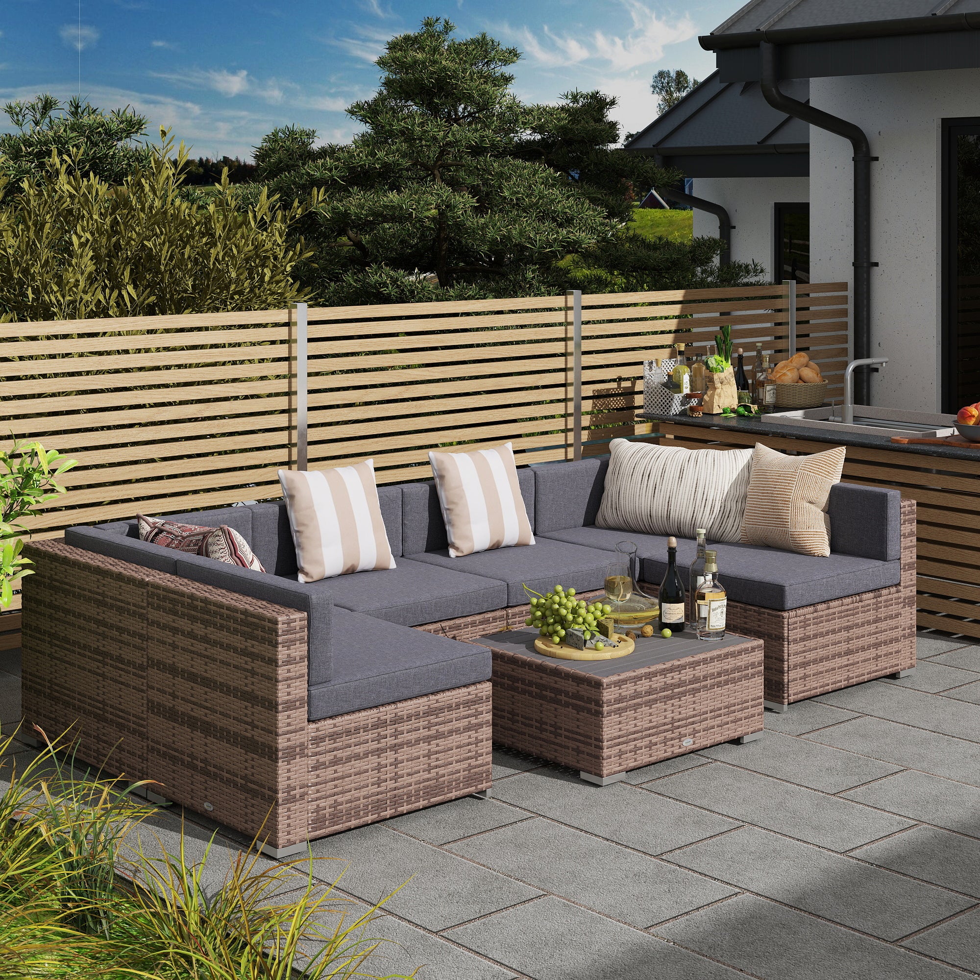 Modern Rattan Patio Furniture Set, 7-Piece Outdoor Wicker Sofa Set with Cushions for Home & Family Gatherings, Gray TryTrendly