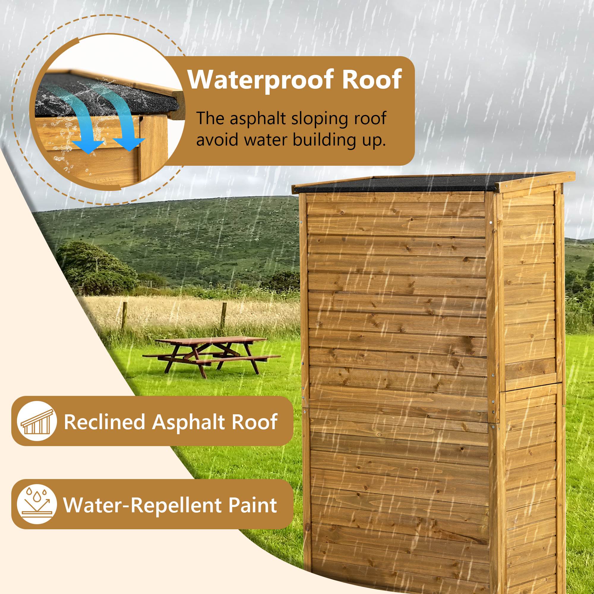 Outdoor Storage Cabinet, Wood Garden Shed, Pool Storage Shed With Lockable Door, Waterproof Roof And 2 Removable Shelves, Vertical Outside Storage Shed For Patio, Backyard And Lawn TryTrendly