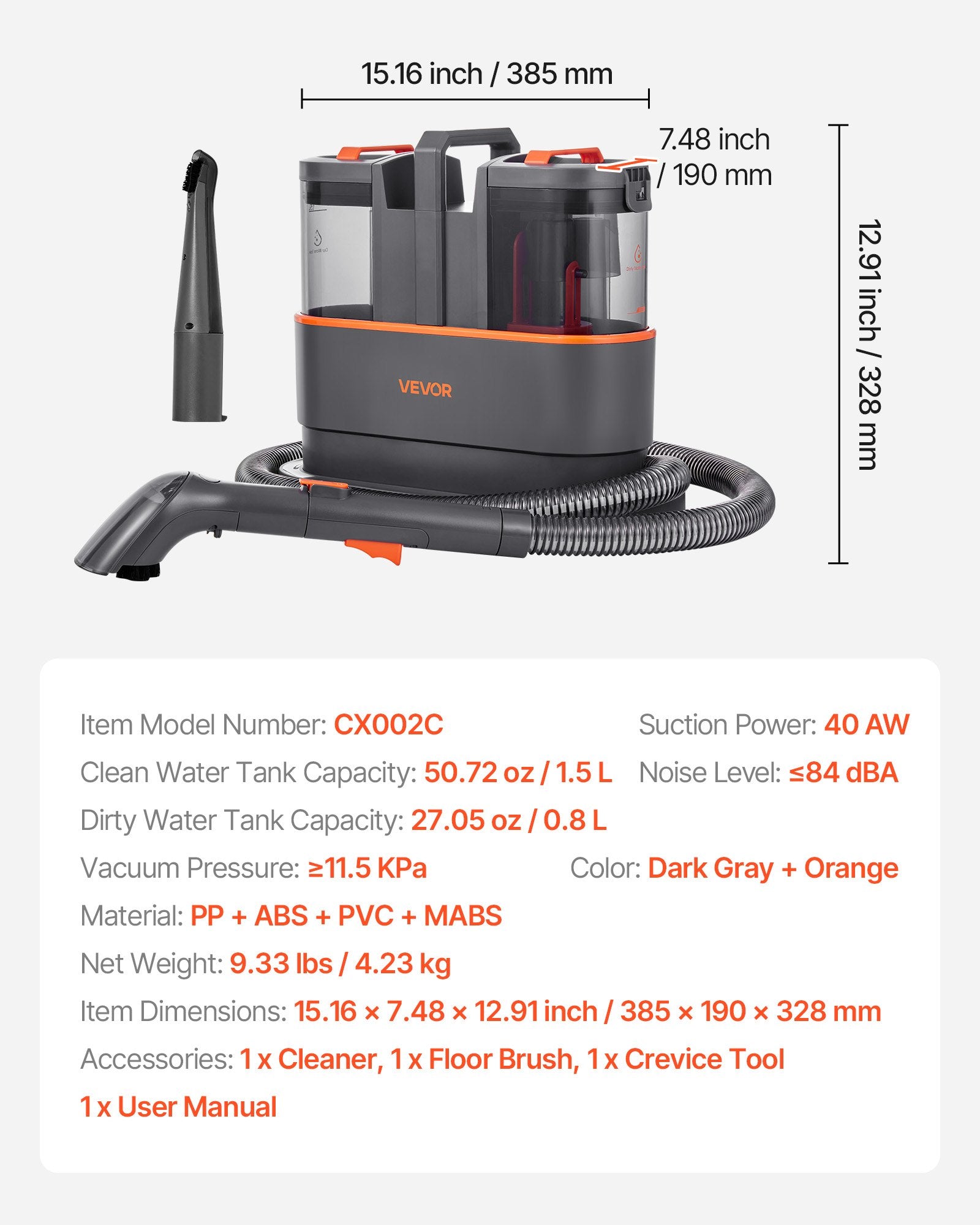Portable Carpet Cleaner Machine Dual-Water Tank 11.5Kpa Upholstery Cleaner cjdropshipping