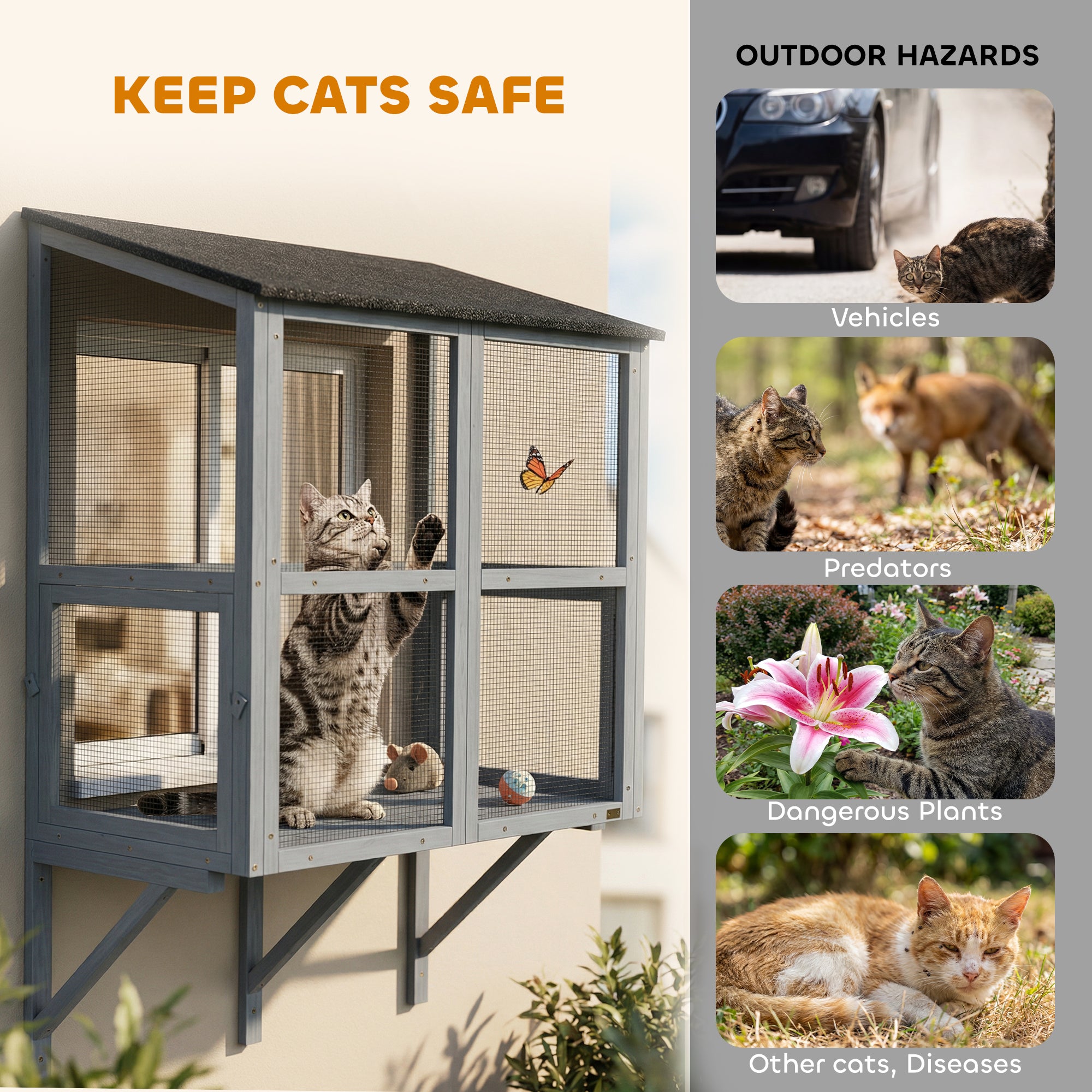 Catio Outdoor Cat Enclosure Outdoor Window Box Cat House with Waterproof Roof 39.4"L Gray TryTrendly