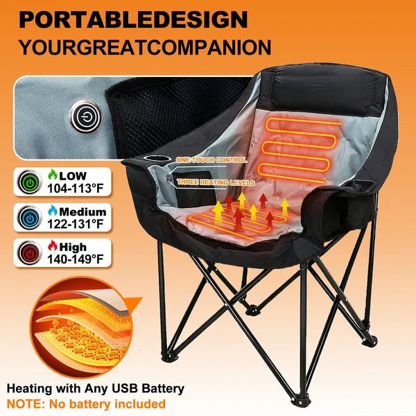 Oversized Heated Camping Chair, Patio Lounge Chairs With 3 Heat Levels, Portable Folding Heated Chair Round Moon Saucer Folding Lawn Chair Outdoor Chair For Camping, Lounge Patio TryTrendly