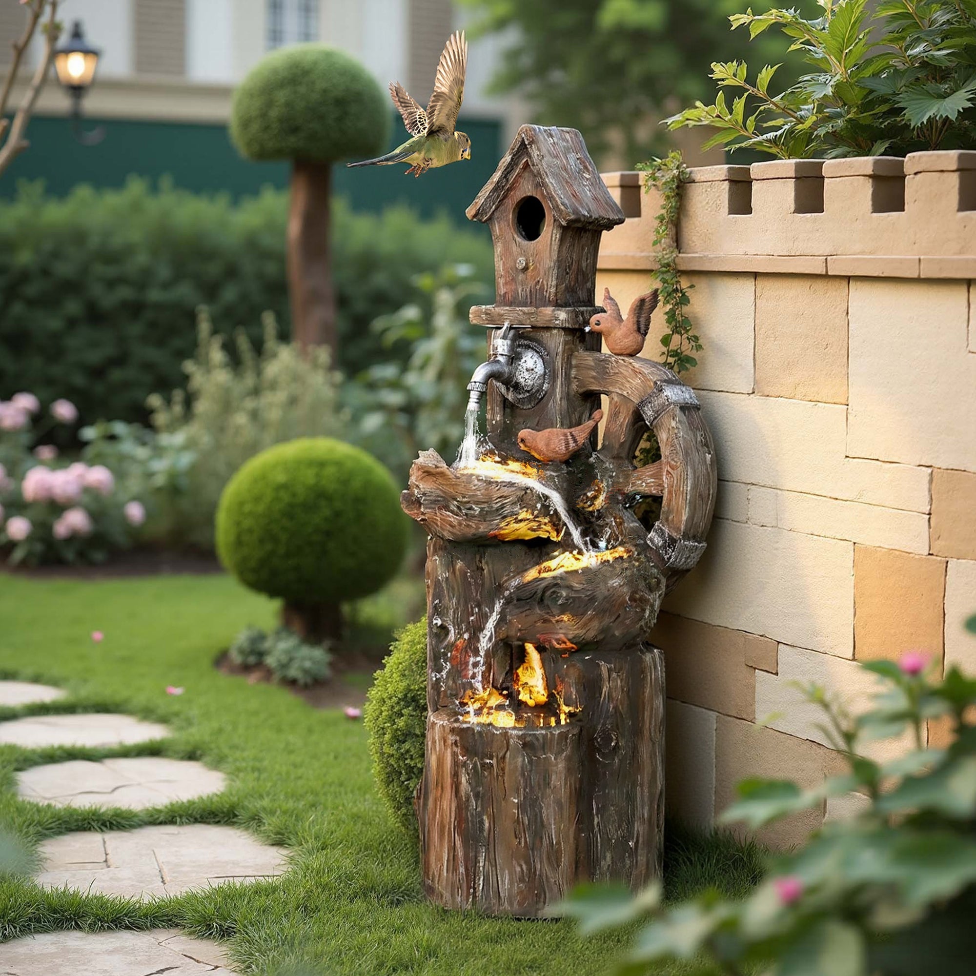 Outdoor Water Fountain, Decorative Garden Birdhouse, 3-Tier Cascading Waterfall with LED Lights and Water Wheel, Soothing Tranquility for Home Garden, Yard Decor TryTrendly