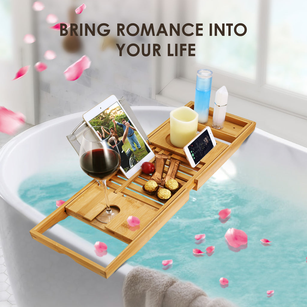 1Pc Bathtub Caddy Tray Crafted Bamboo Bath Tray Table Extendable Reading Rack Tablet Phone Holder Wine Glass Holder Shelf Desk Bathroom Spa TryTrendly