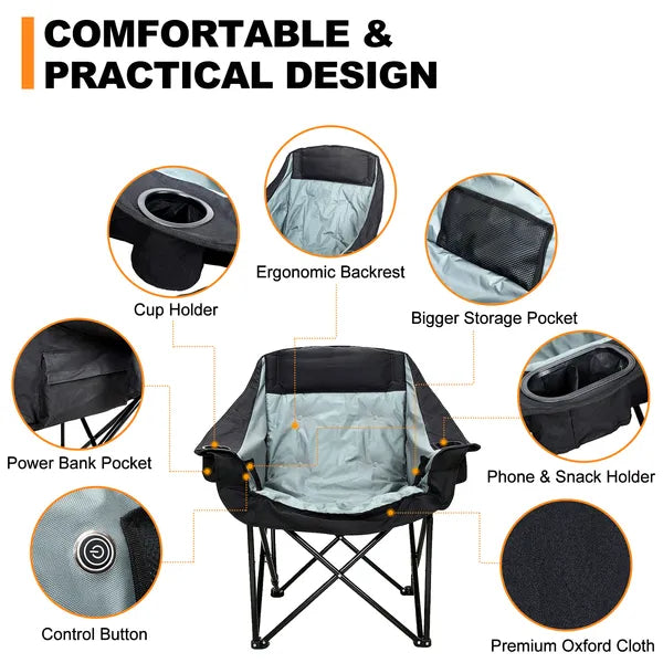 Oversized Heated Camping Chair, Patio Lounge Chairs With 3 Heat Levels, Portable Folding Heated Chair Round Moon Saucer Folding Lawn Chair Outdoor Chair For Camping, Lounge Patio TryTrendly