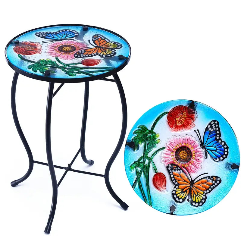Terrance Floral Outdoor Glass Patio Side Table