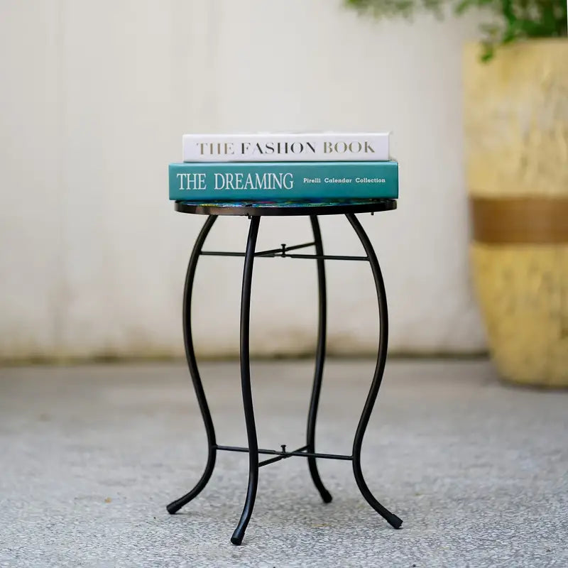 Terrance Floral Outdoor Glass Patio Side Table