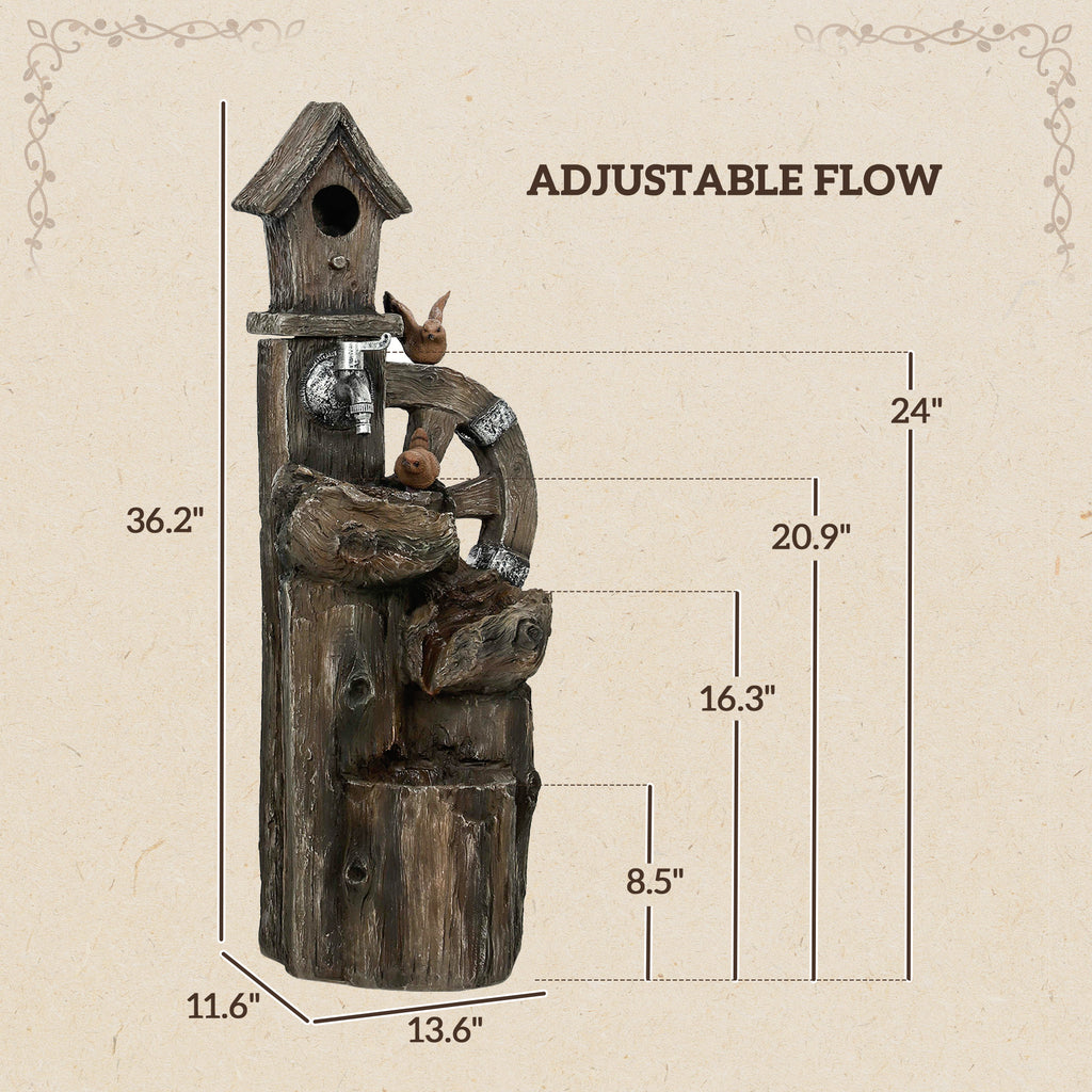 Outdoor Water Fountain, Decorative Garden Birdhouse, 3-Tier Cascading Waterfall with LED Lights and Water Wheel, Soothing Tranquility for Home Garden, Yard Decor TryTrendly