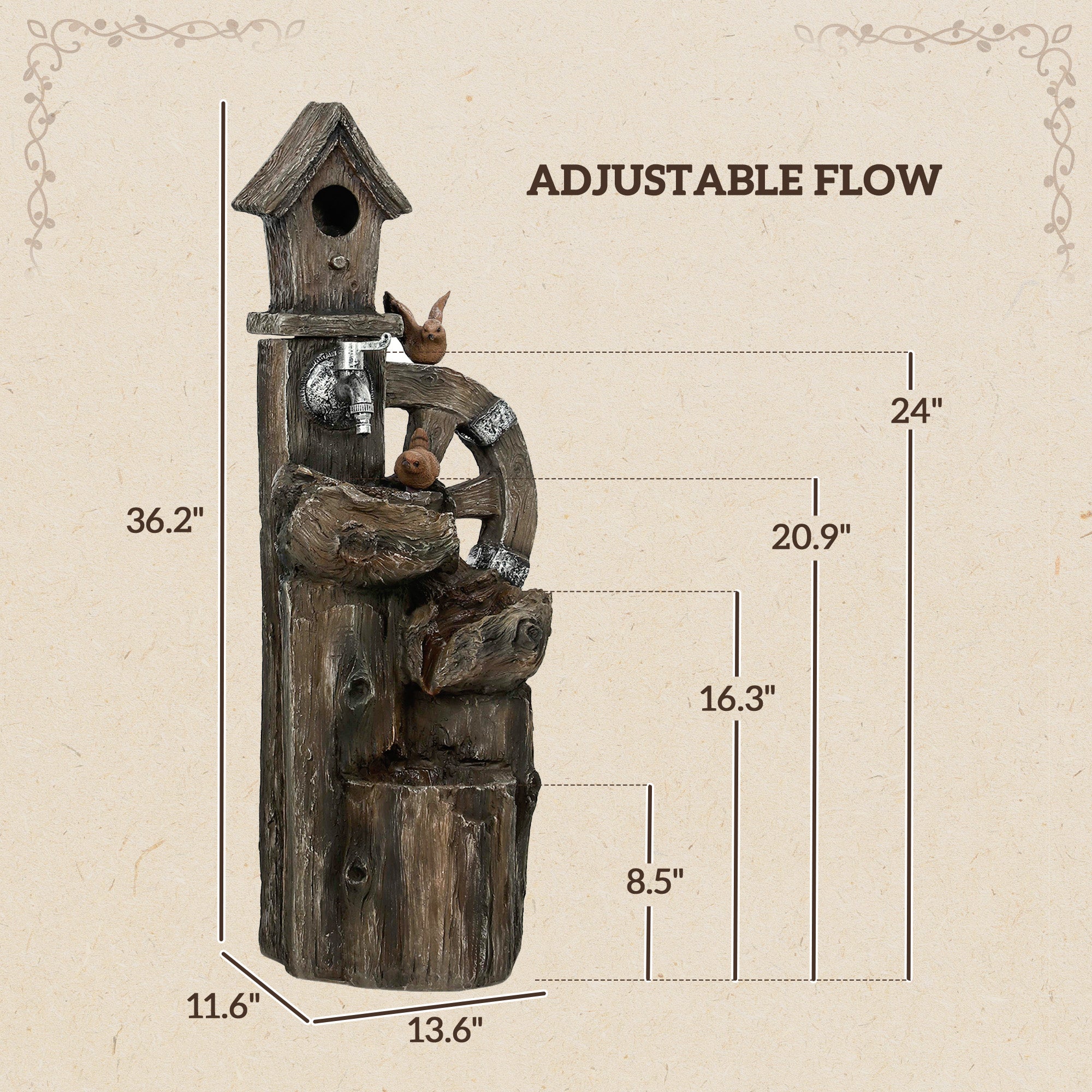 Outdoor Water Fountain, Decorative Garden Birdhouse, 3-Tier Cascading Waterfall with LED Lights and Water Wheel, Soothing Tranquility for Home Garden, Yard Decor TryTrendly