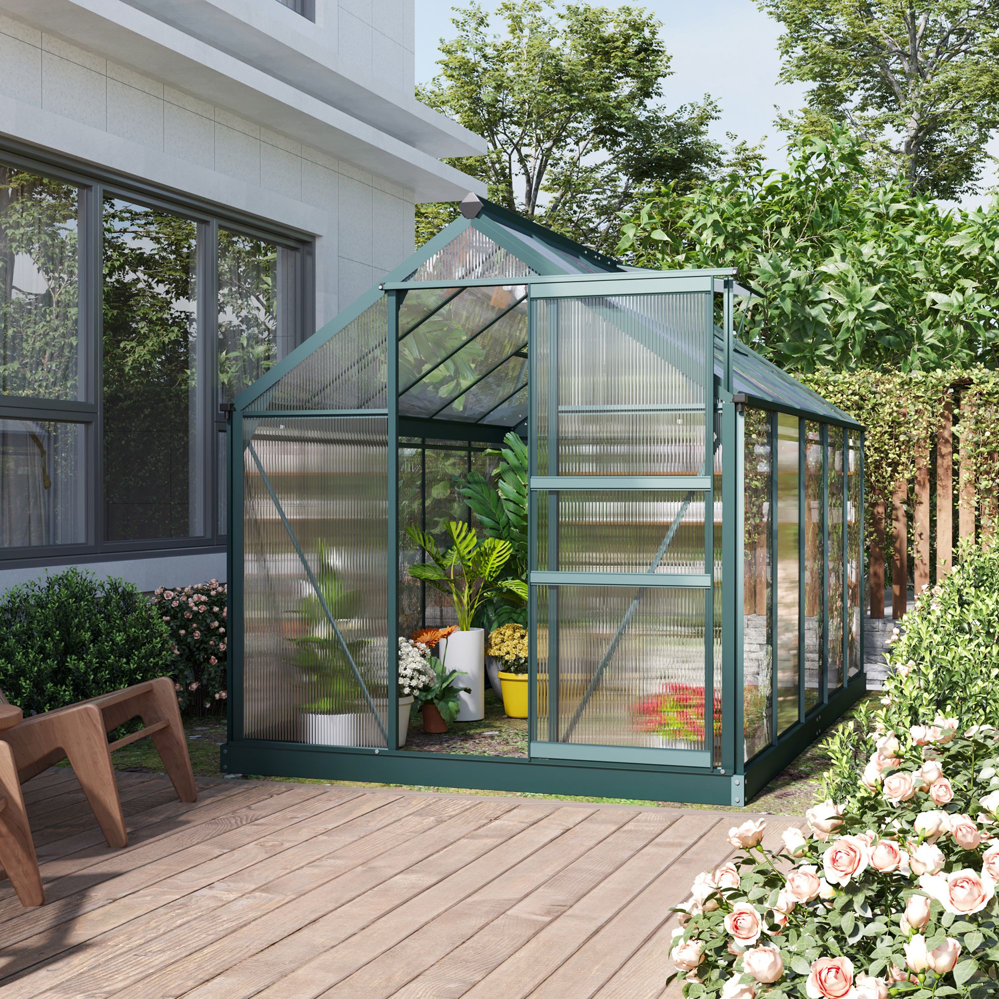 6' x 10' Greenhouse for Outdoors, Polycarbonate Greenhouse with Rain Gutter and Roof Vent, Aluminum Walk-in Green Houses for Outside for Patio Backyard Garden, Dark Green TryTrendly
