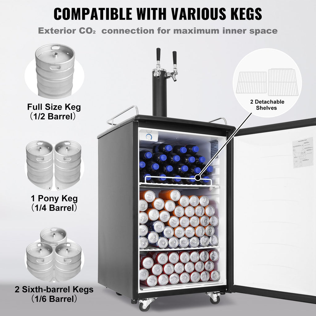 Beer Kegerator, Dual Tap Draft Beer Dispenser, Full Size Keg Refrigerator With Shelves, CO2 Cylinder, Drip Tray & Rail, 32°F- 50°F Temperature Control, Holds 1/6, 1/4, 1/2 Barrels, Black TryTrendly