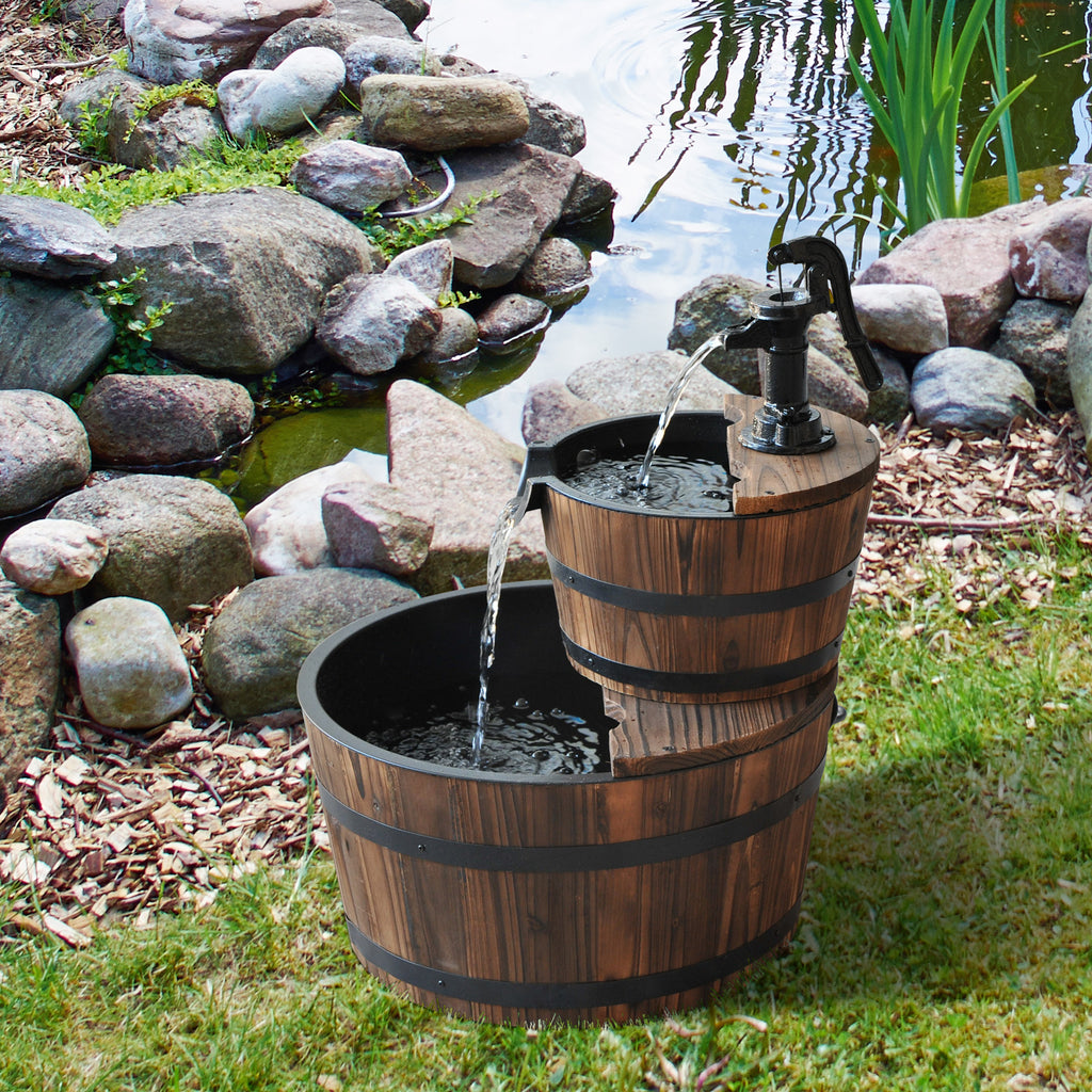 Wood Freestanding Fountain with 2 Tier Waterfall Barrel, Electric Pump for Garden Decor, Lawn, Backyard TryTrendly