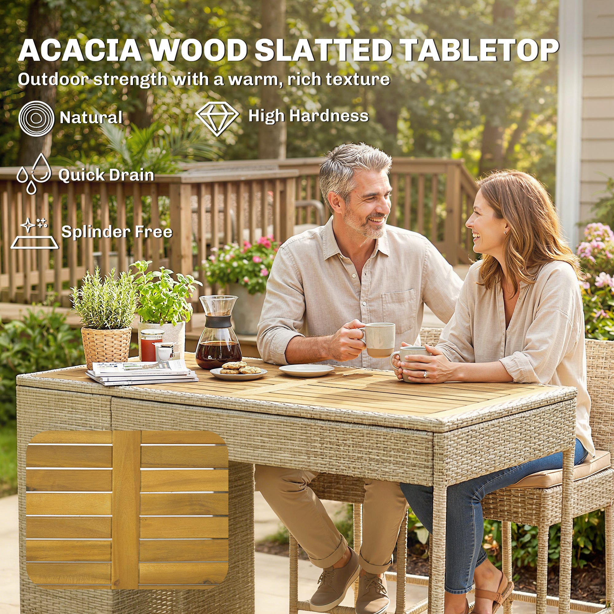 5 Piece Wicker Outdoor Bar Set, Acacia Wood Outdoor High Top Table and Chairs with 3 Tier Shelves, Cushions, Brown TryTrendly