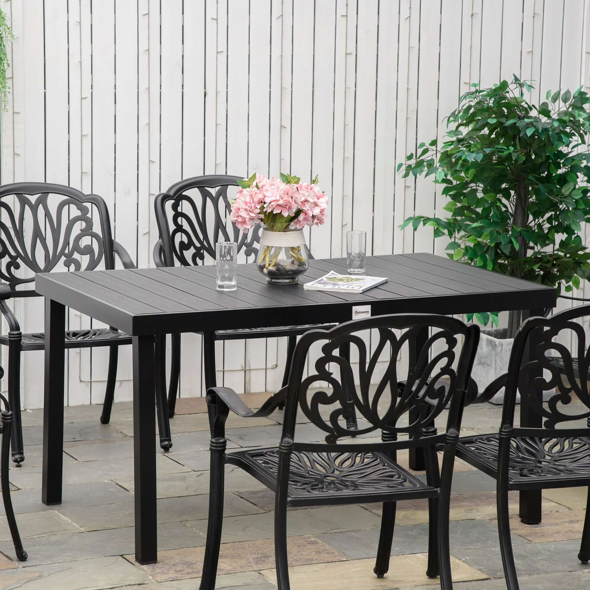 Outdoor Dining Table for 6 Person, Rectangular Patio Table, Aluminum Metal Legs for Garden, Lawn, Patio, Woodgrain Black TryTrendly