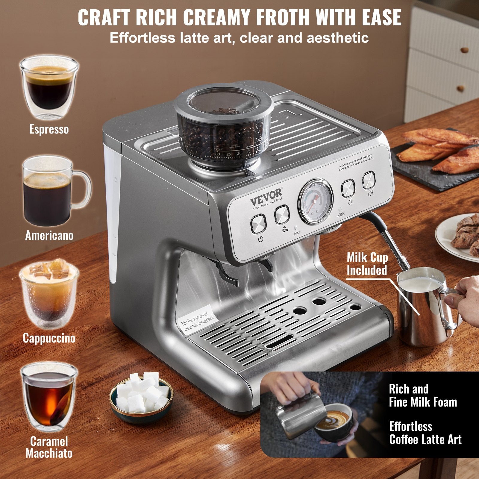 Espresso Machine With Grinder, 15 Bar Semi-Automatic Espresso Coffee Maker With Milk Frother Steam Wand, Removable Water Tank & Pressure Gauge For Cappuccino, Latte, Machiato, PID Control System TryTrendly