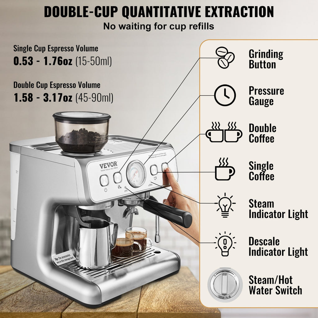 Espresso Machine With Grinder, 15 Bar Semi-Automatic Espresso Coffee Maker With Milk Frother Steam Wand, Removable Water Tank & Pressure Gauge For Cappuccino, Latte, Machiato, PID Control System TryTrendly
