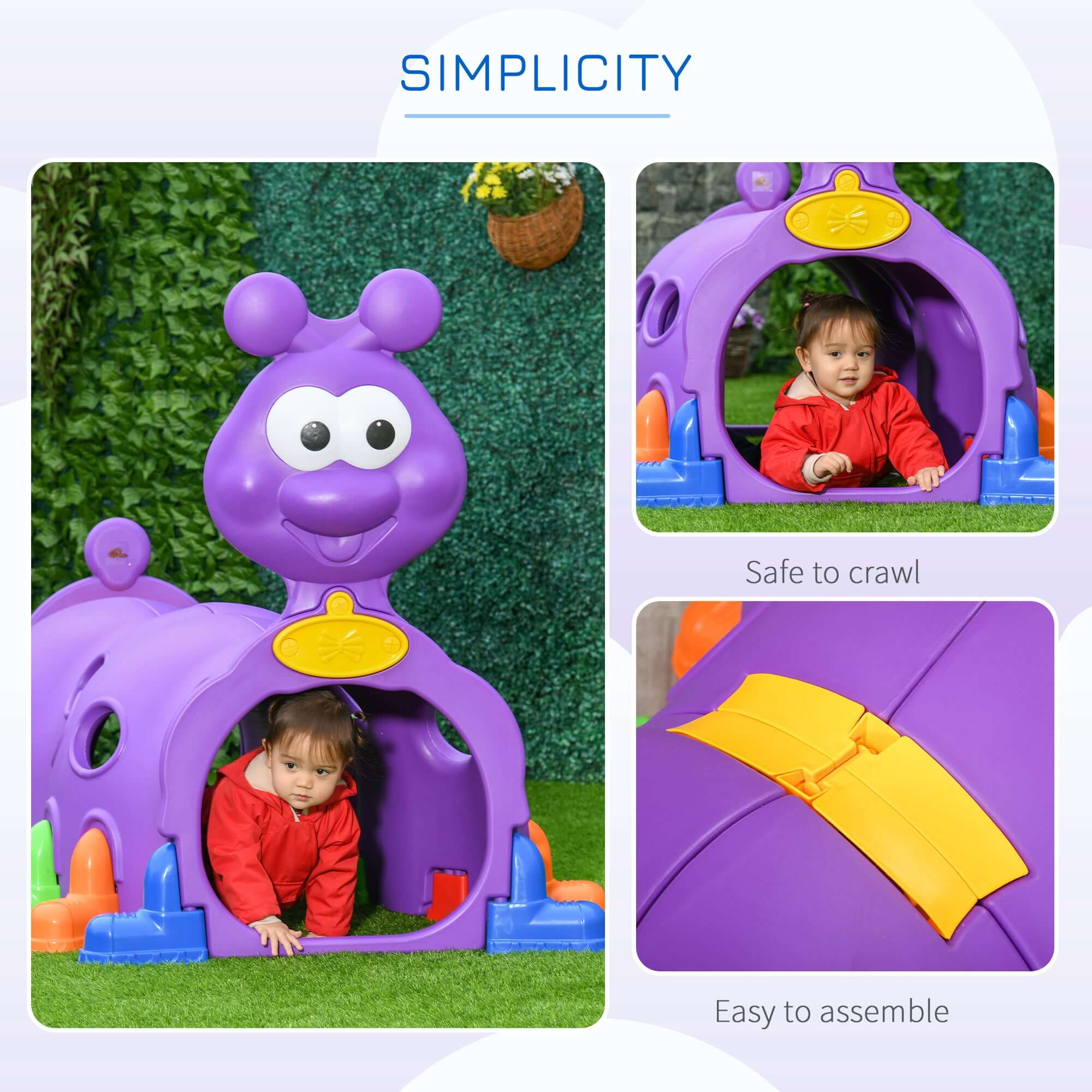 Purple 2-section kids climbing tunnel for indoor outdoor play