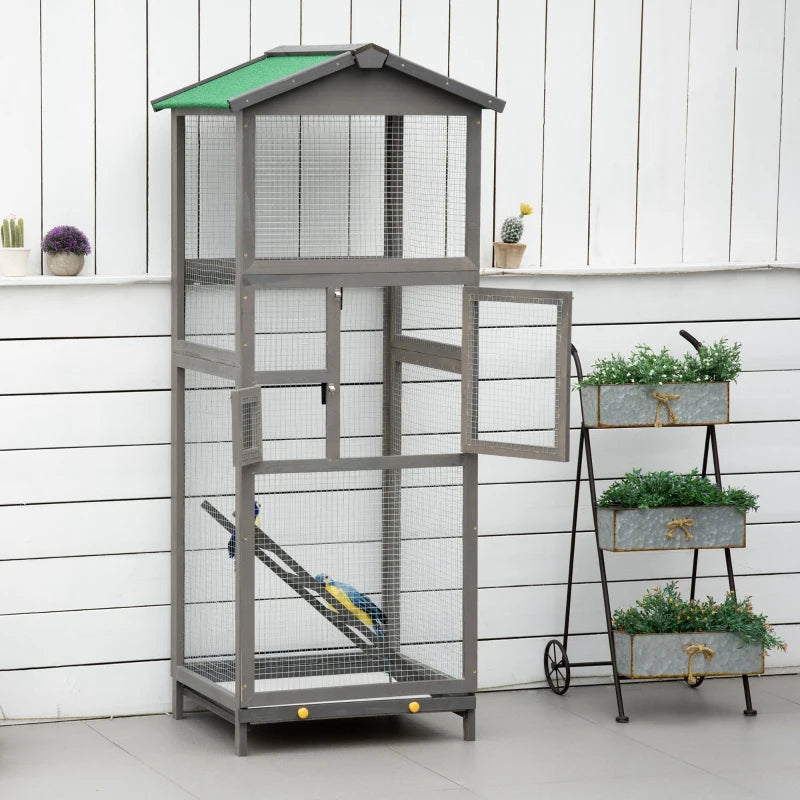 Wooden Bird Cage Outdoor Aviary House For Parrot, Parakeet, With Pull Out Tray And 2 Doors, Grey TryTrendly
