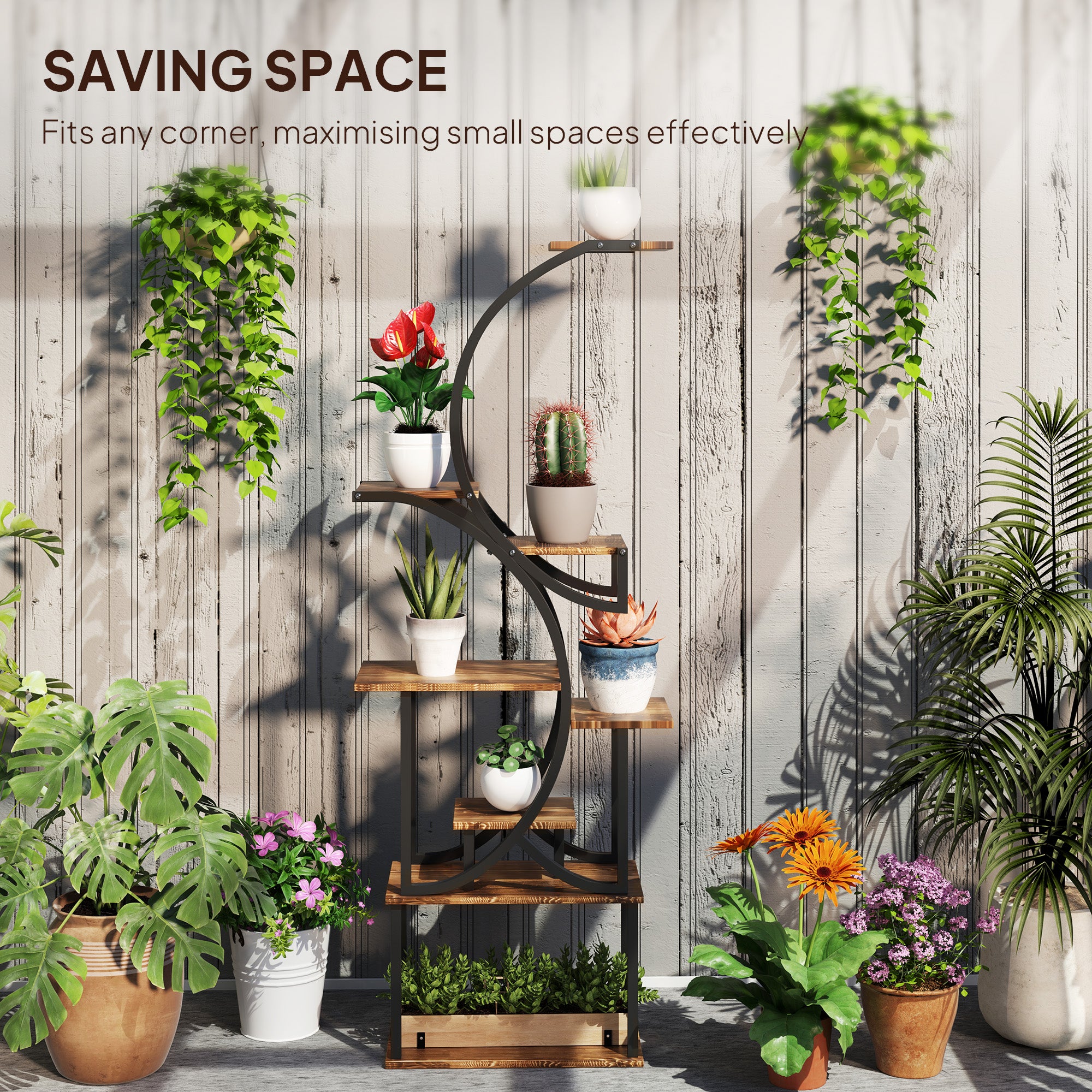 Plant Stand Indoor, 8 Tier 62" S-Shaped Plant Shelf, Corner Plant Rack for Multiple Plants, Carbonised Finish TryTrendly