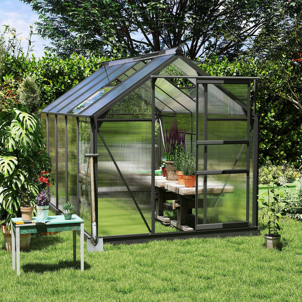 6' x 10' Greenhouse for Outdoors, Polycarbonate Greenhouse with Rain Gutter and Roof Vent, Aluminum Walk-in Green Houses for Outside for Patio Backyard Garden, Dark Green TryTrendly