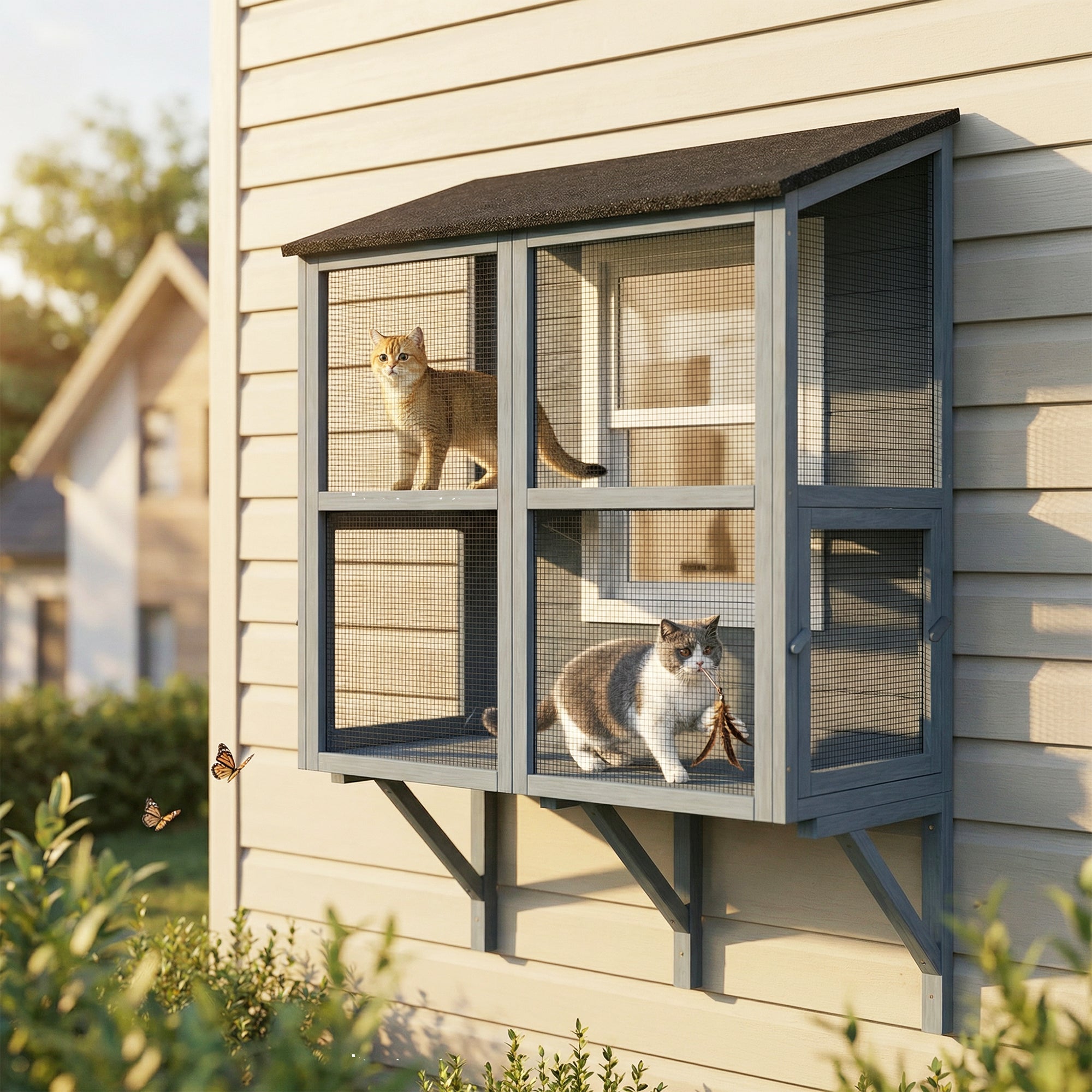 Catio Outdoor Cat Enclosure Outdoor Window Box Cat House with Waterproof Roof 39.4"L Gray TryTrendly