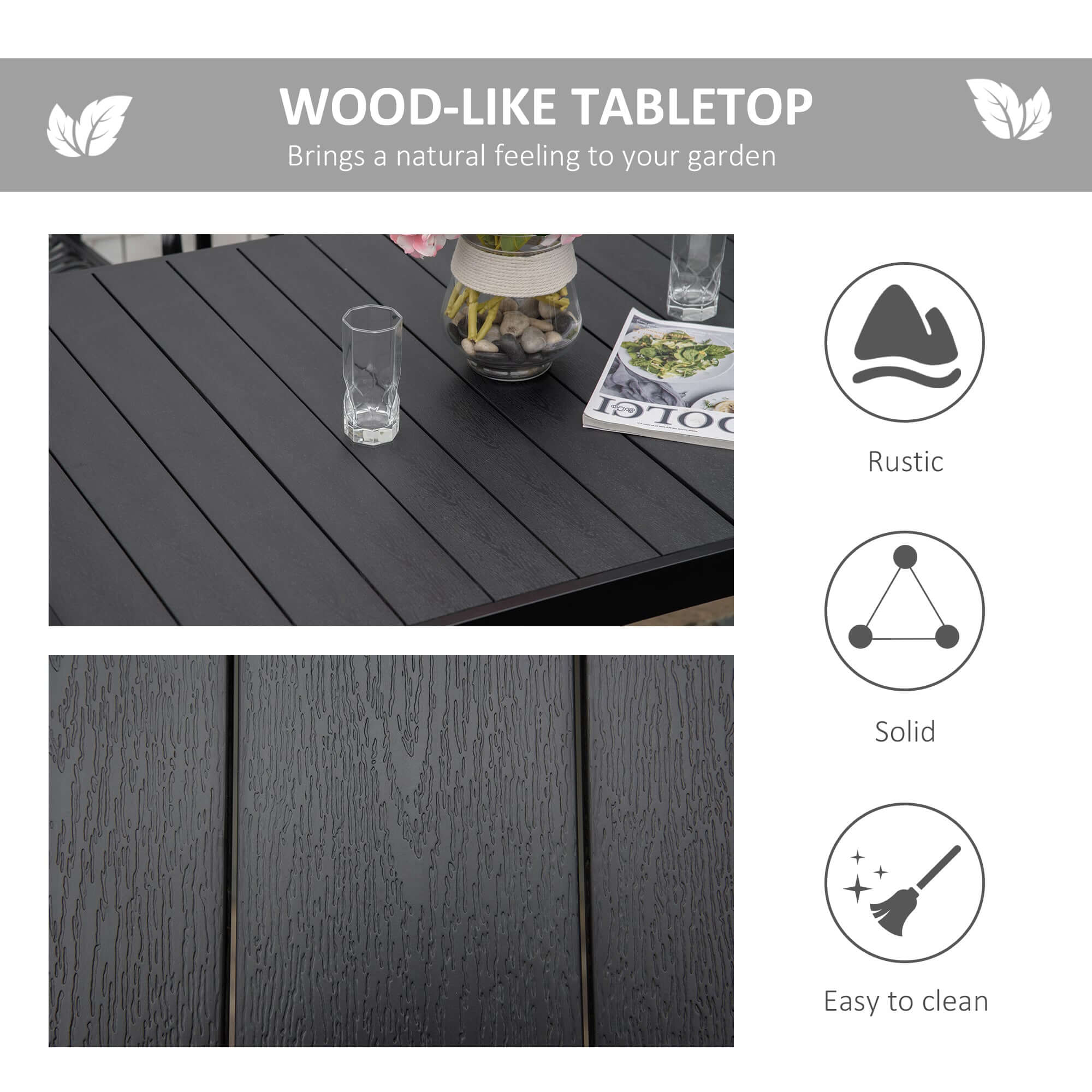 Outdoor Dining Table for 6 Person, Rectangular Patio Table, Aluminum Metal Legs for Garden, Lawn, Patio, Woodgrain Black TryTrendly