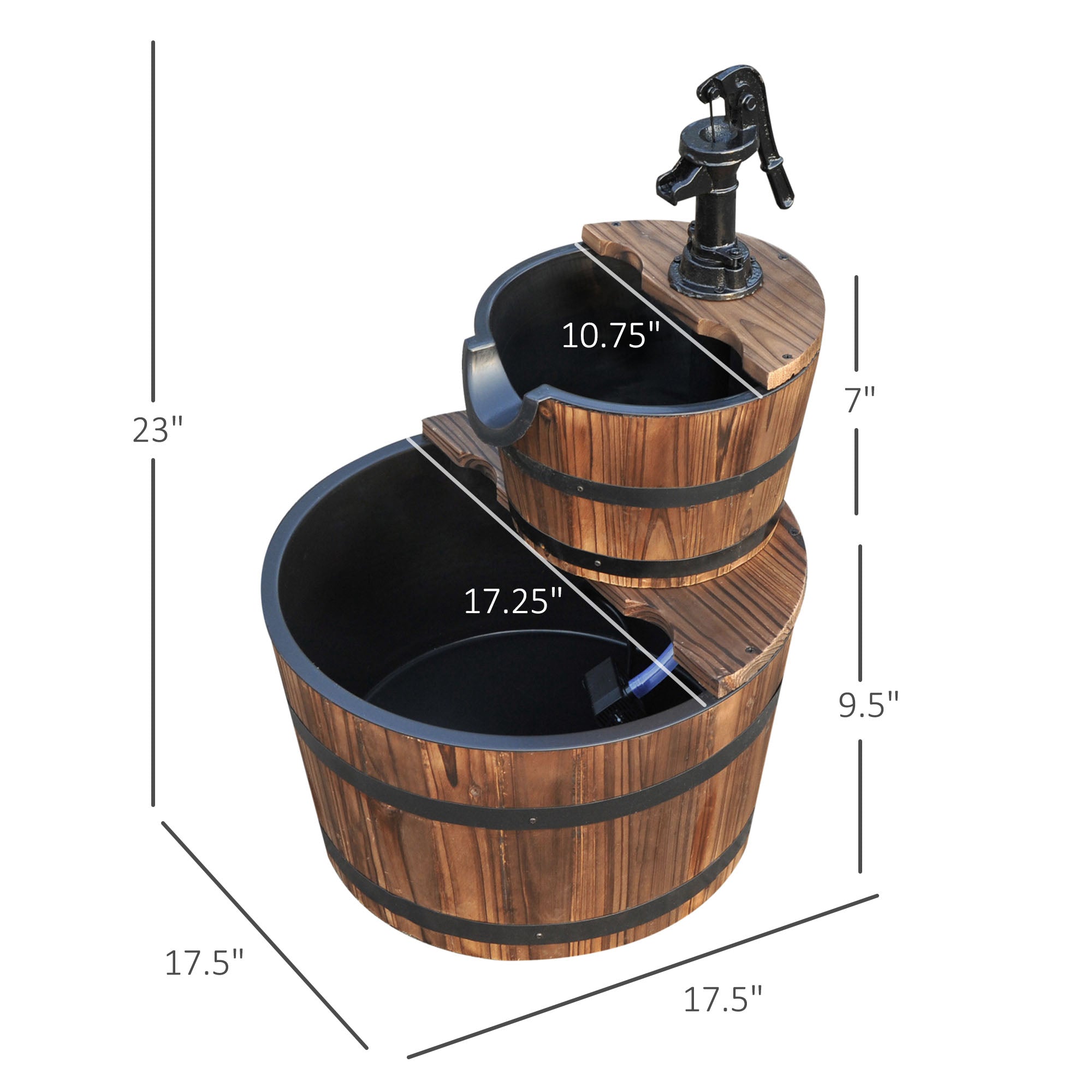 Wood Freestanding Fountain with 2 Tier Waterfall Barrel, Electric Pump for Garden Decor, Lawn, Backyard TryTrendly