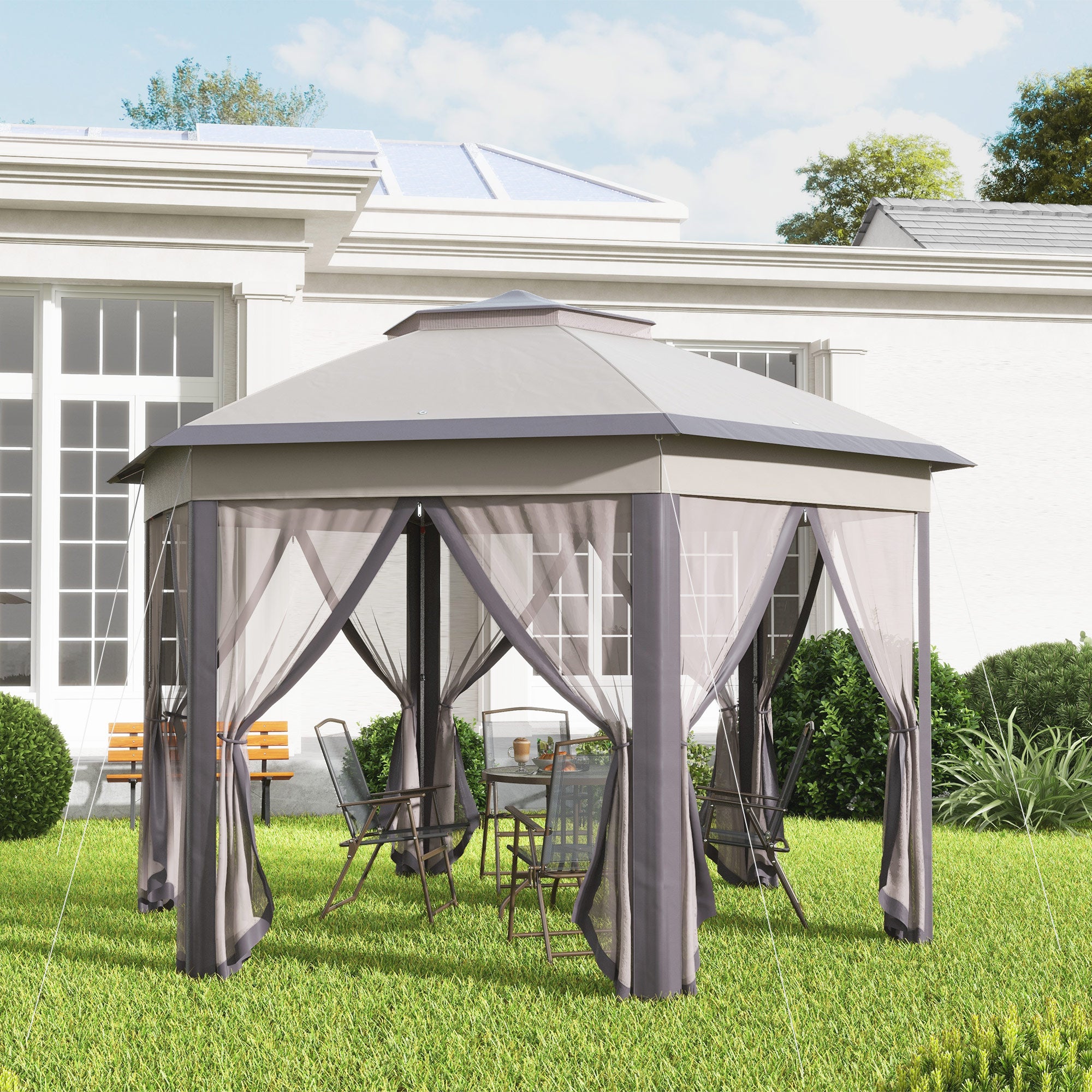 13' x 13' Pop Up Gazebo Hexagonal Canopy Shelter with 6 Zippered Mesh Netting for Patio Backyard Garden Wedding Party TryTrendly