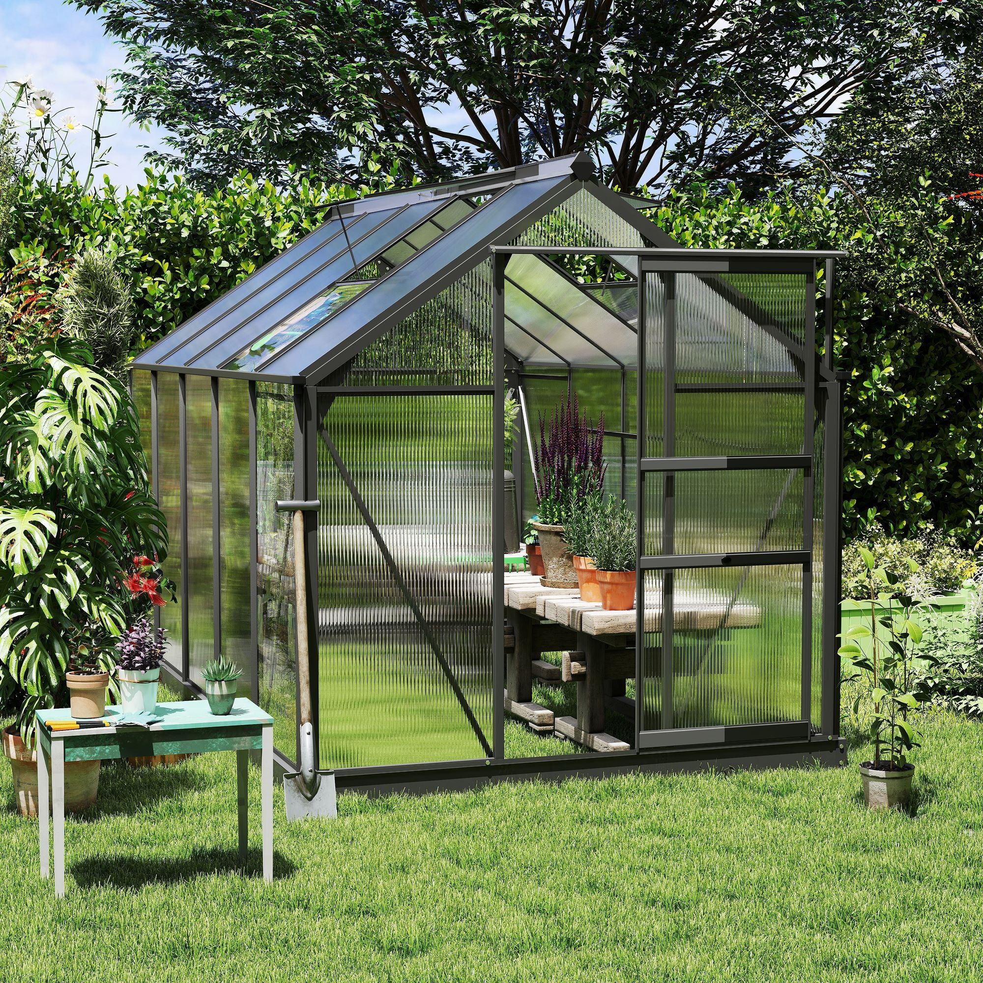 6' x 10' Greenhouse for Outdoors, Polycarbonate Greenhouse with Rain Gutter and Roof Vent, Aluminum Walk-in Green Houses for Outside for Patio Backyard Garden, Dark Green TryTrendly