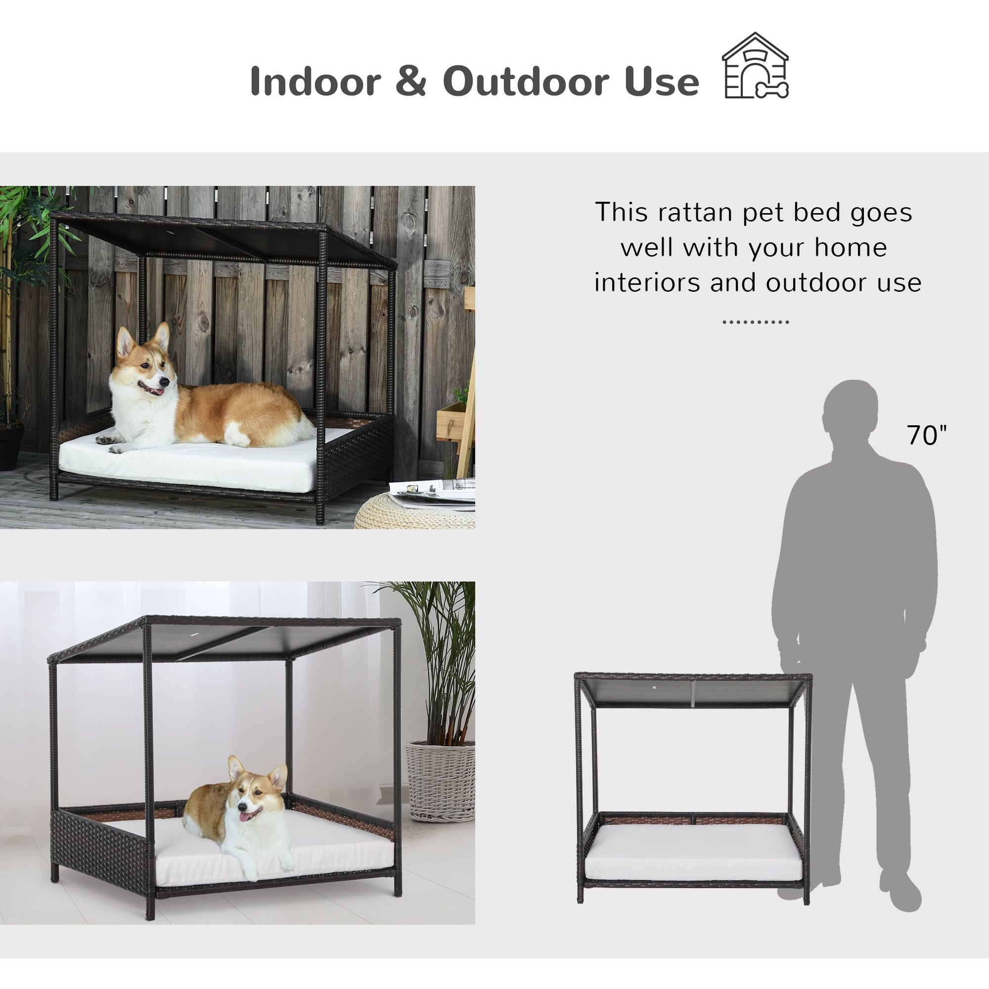 Wicker Dog House Raised Rattan Puppy Bed Cat Shelter for Indoor Outdoor Garden Patio Pet Sofa with Removable Cushion for Medium Sized Pet Brown cjdropshipping