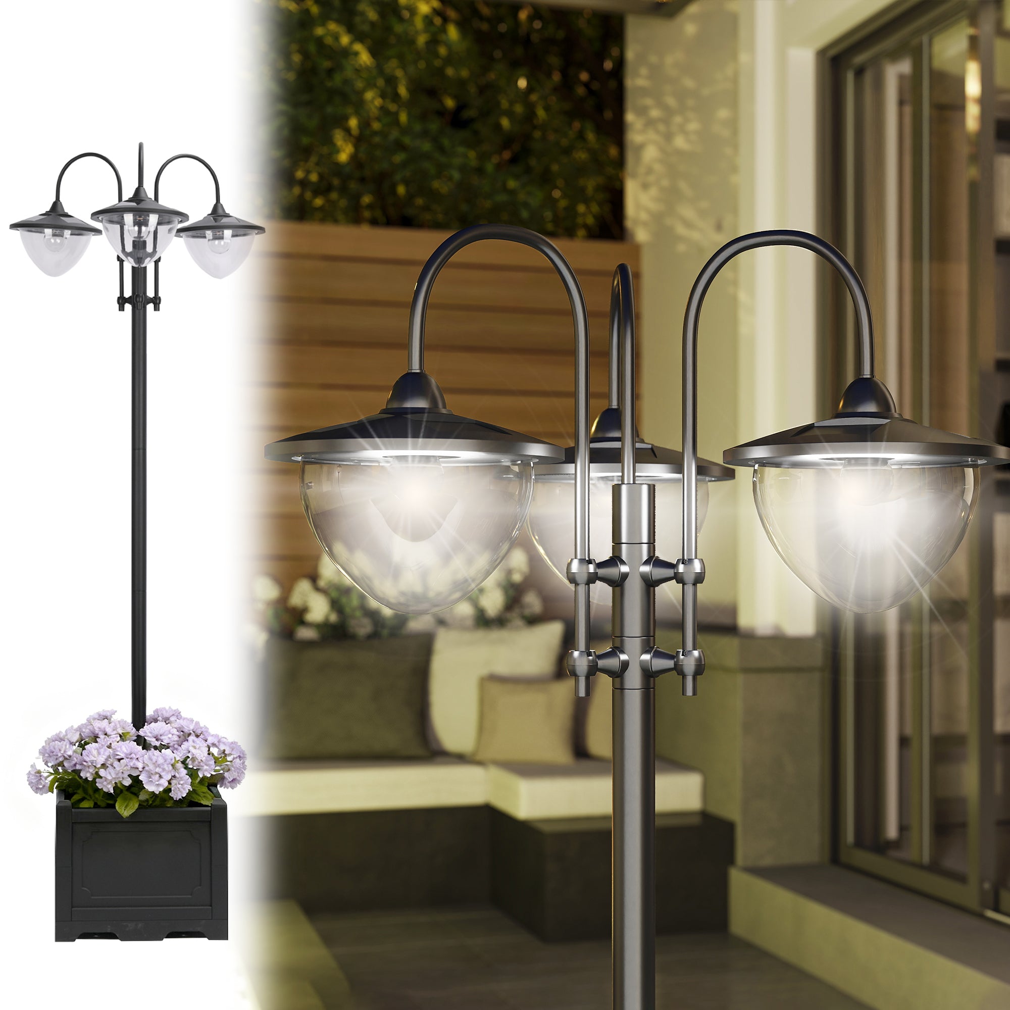 74.5" 3-head Solar Lamp Post Street Light with Planter, Solar Pole Lights Outdoor Waterproof LED Lighting for Backyard Pathway Patio Lawn Driveway Decor, Black TryTrendly