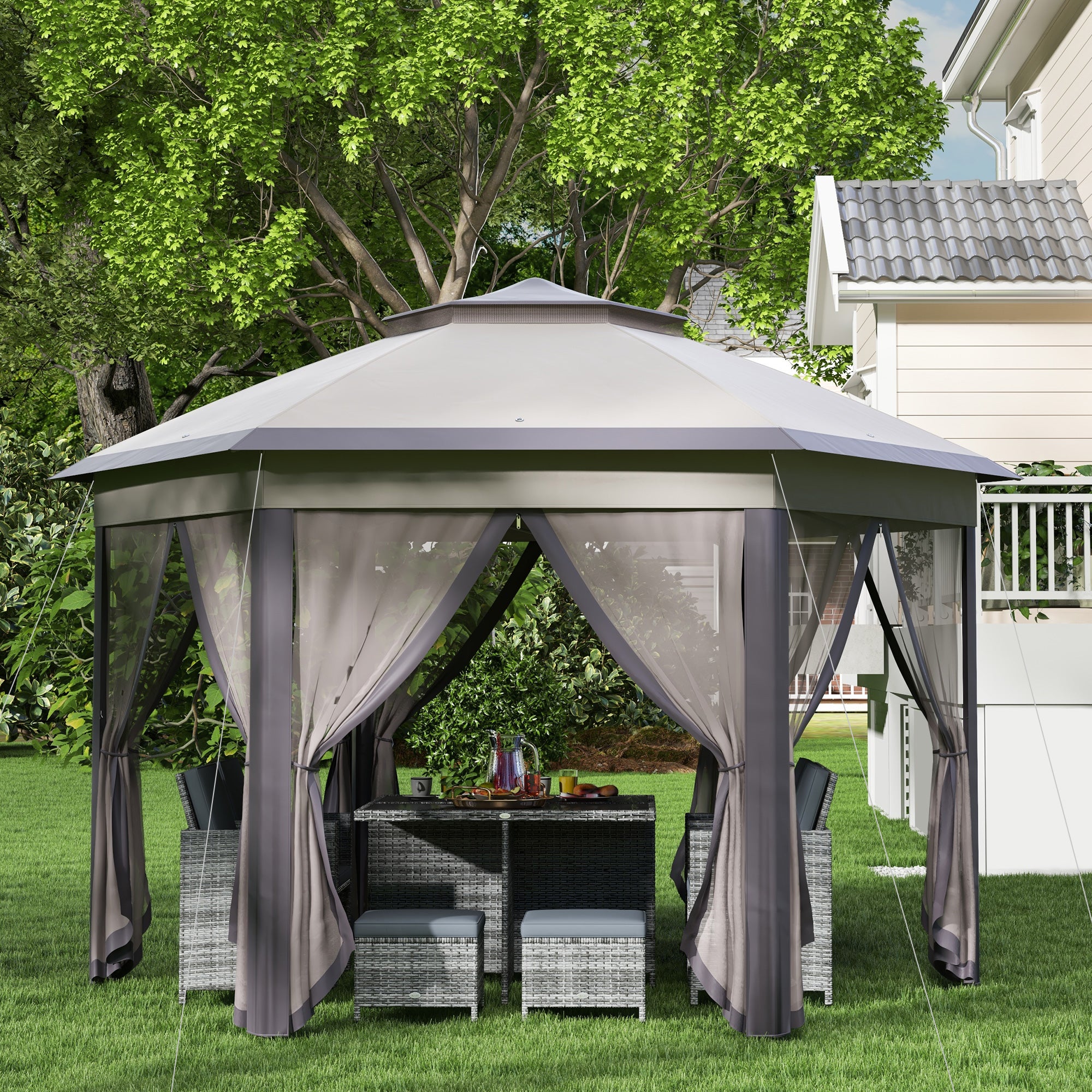 13' x 13' Pop Up Gazebo Hexagonal Canopy Shelter with 6 Zippered Mesh Netting for Patio Backyard Garden Wedding Party TryTrendly