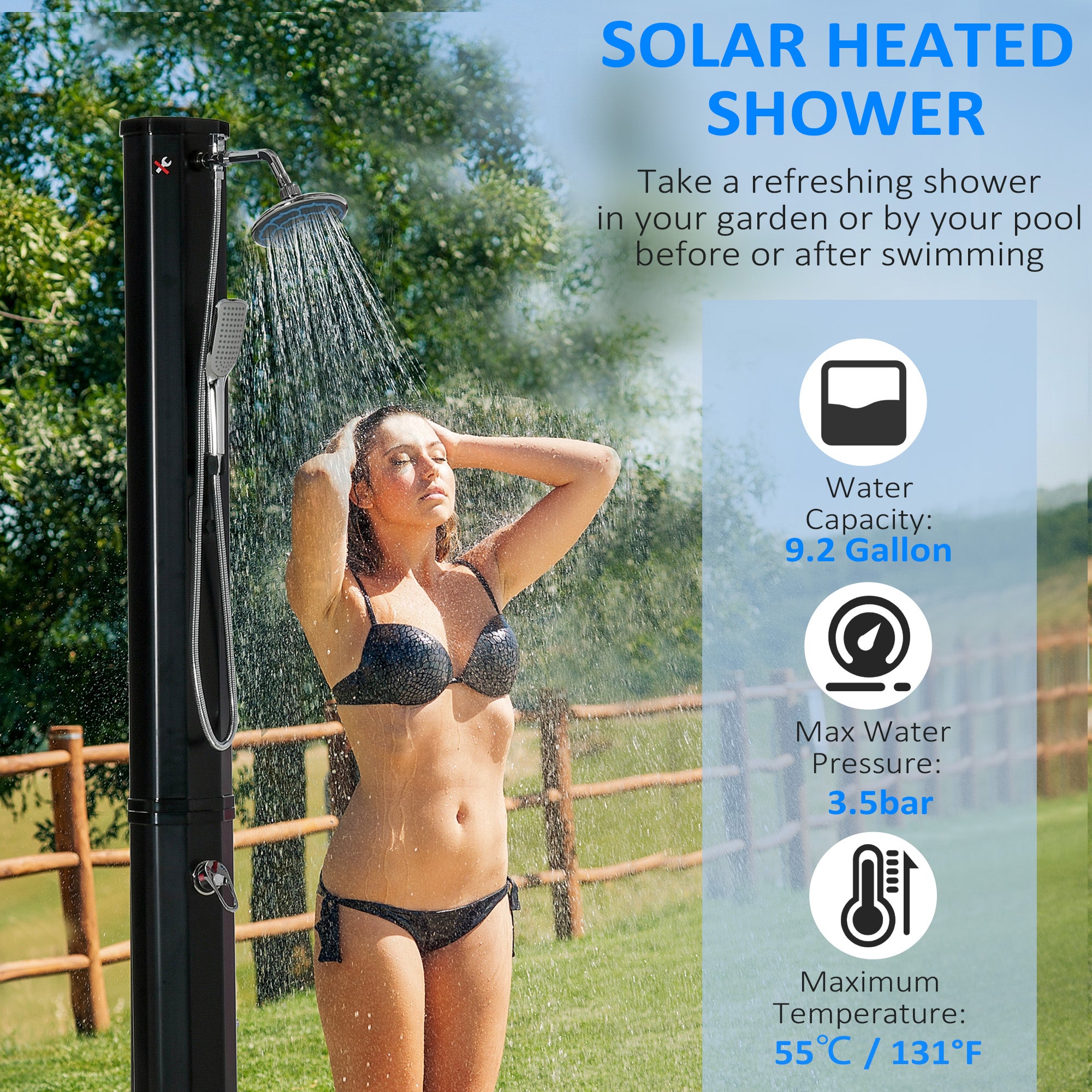 7' Outdoor Solar Heated Shower with 360 Rotating Rainfall & Handheld Shower Head, Foot Shower Faucet, Temperature and Pressure Adjustable, Holds 9.2 Gallons for Backyard Pool TryTrendly