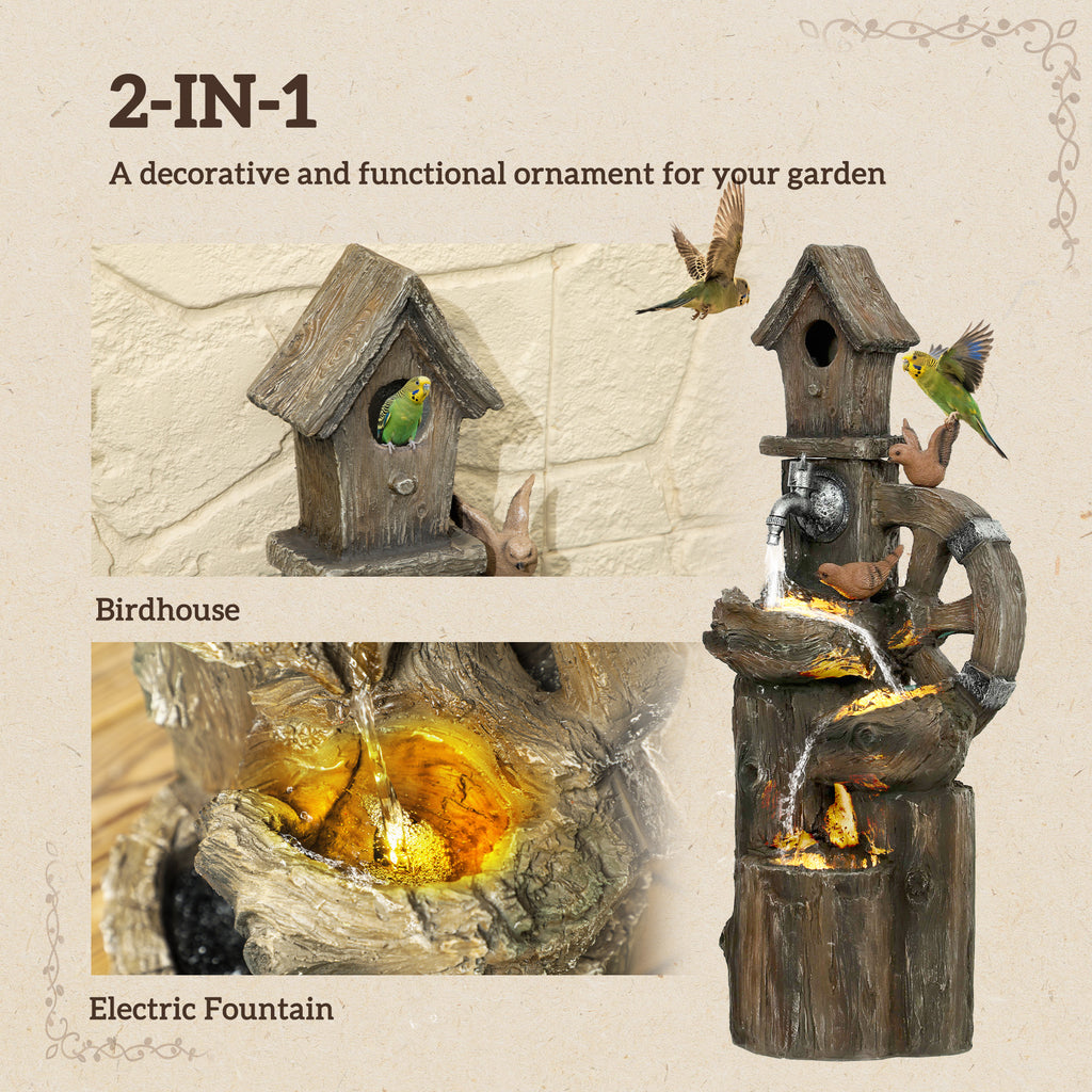 Outdoor Water Fountain, Decorative Garden Birdhouse, 3-Tier Cascading Waterfall with LED Lights and Water Wheel, Soothing Tranquility for Home Garden, Yard Decor TryTrendly