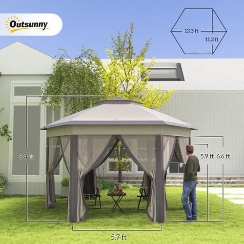 13' x 13' Pop Up Gazebo Hexagonal Canopy Shelter with 6 Zippered Mesh Netting for Patio Backyard Garden Wedding Party TryTrendly