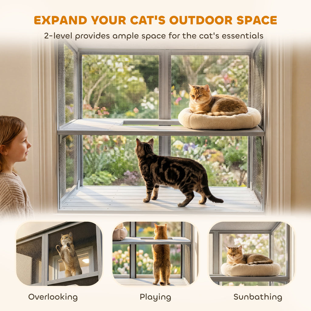 Catio Outdoor Cat Enclosure Outdoor Window Box Cat House with Waterproof Roof 39.4"L Gray TryTrendly