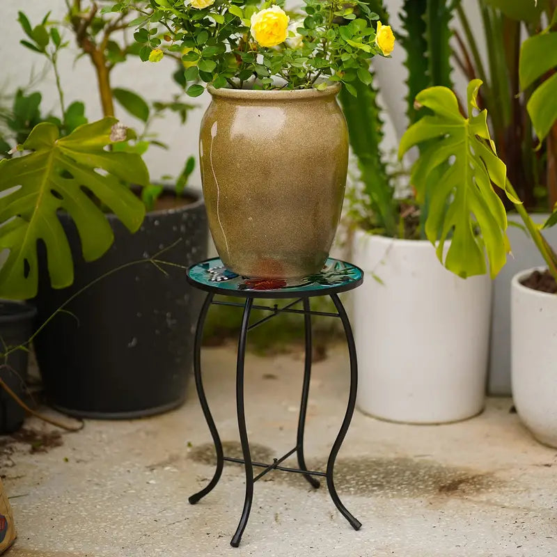 Terrance Floral Outdoor Glass Patio Side Table